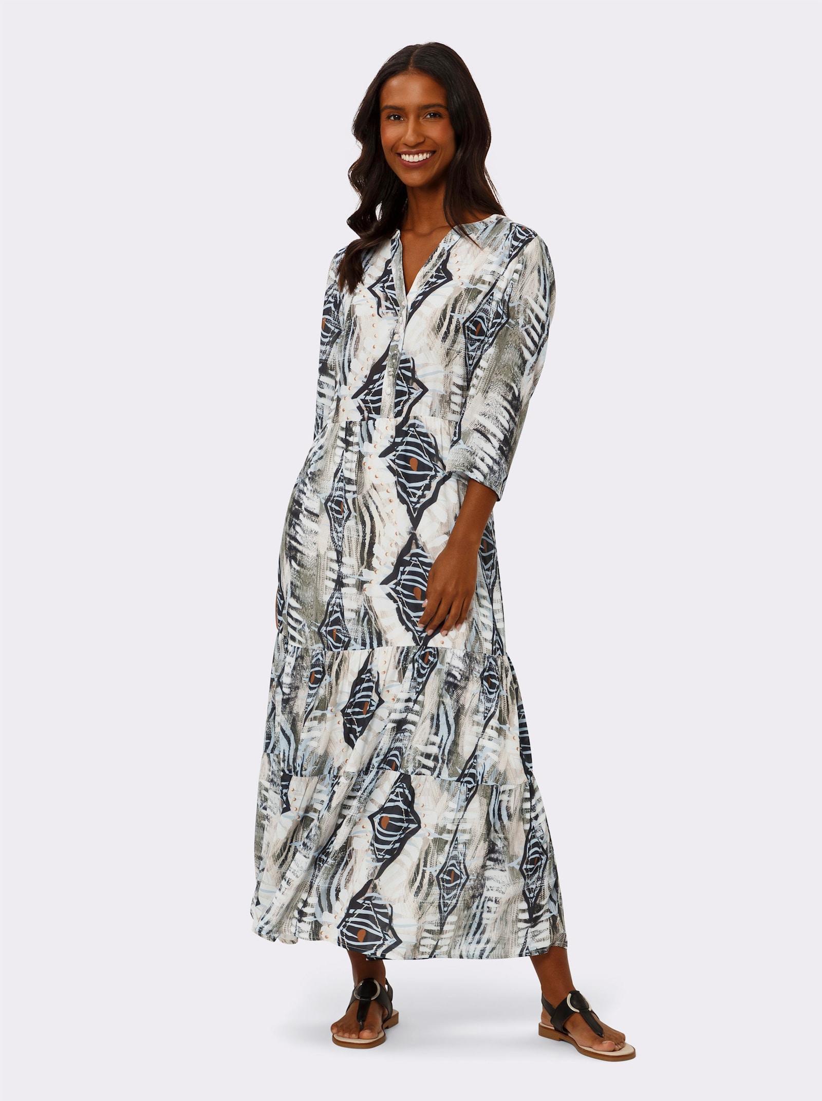 heine Freizeitkleid mit 3/4-Ärmeln, pflegeleicht - sand-hellblau-bedruckt