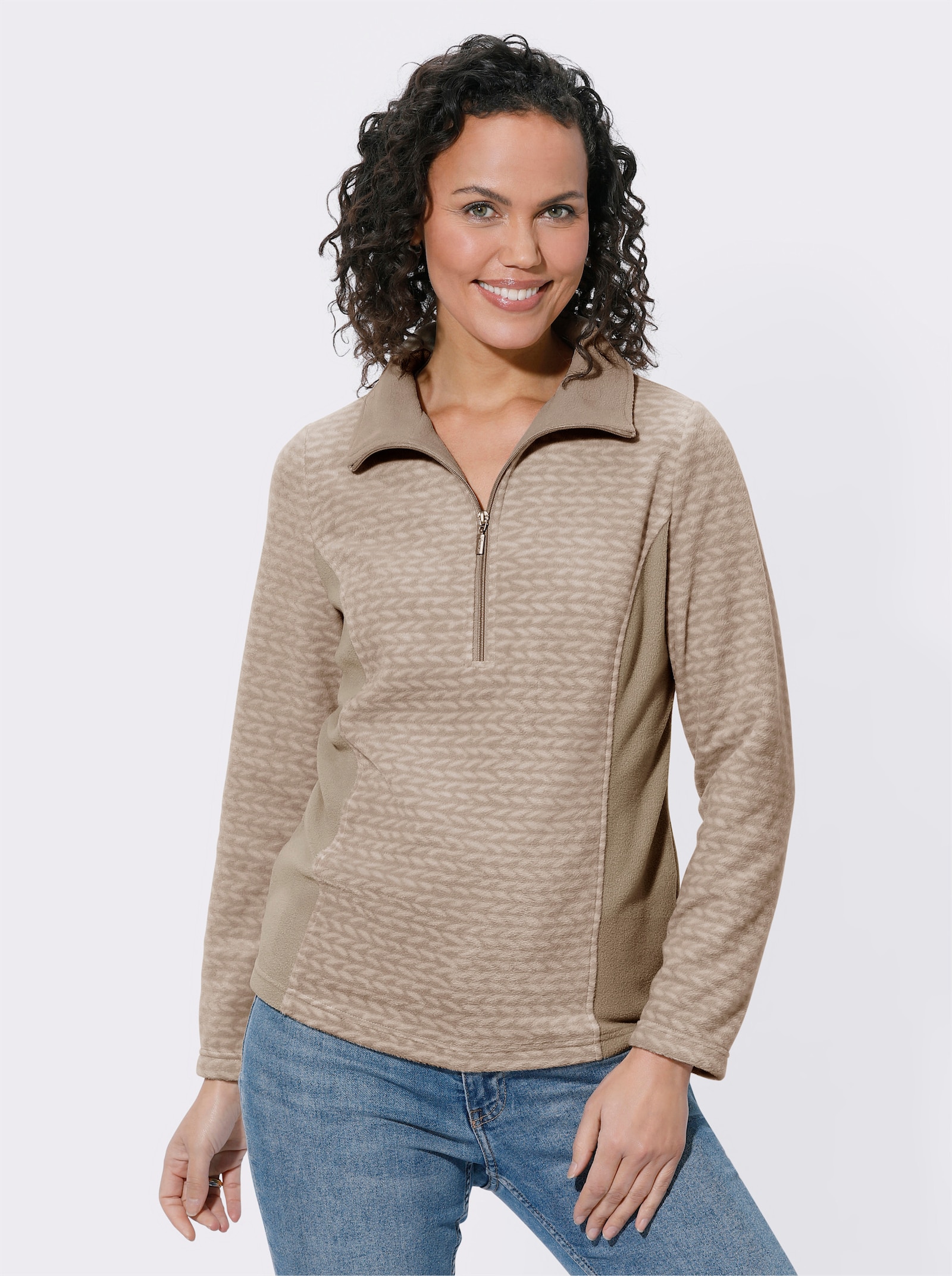 Fleeceshirt mit innen einfarbigem Troyerkragen - elfenbein-beige