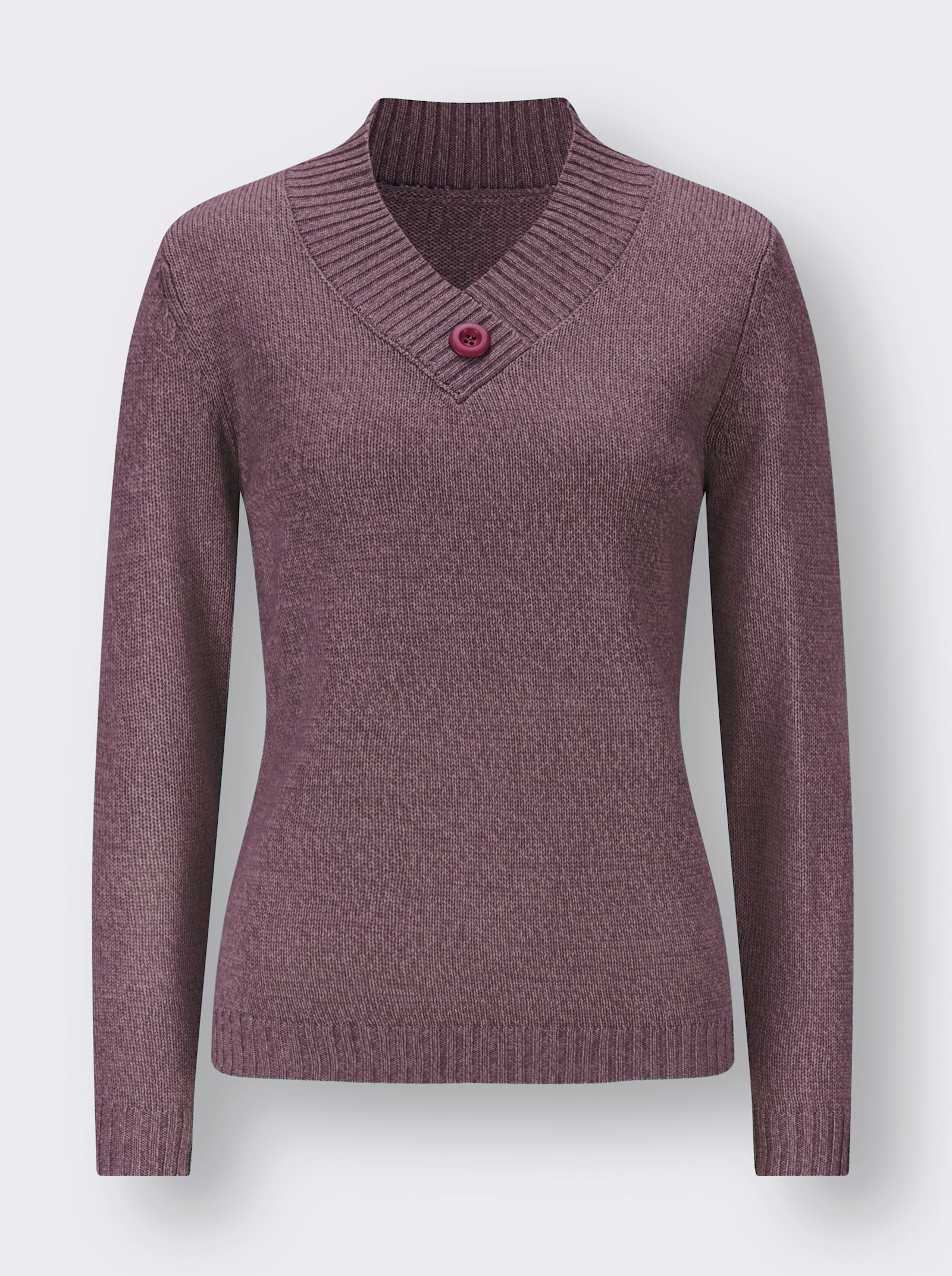 Langarm-Pullover mit V-Ausschnitt - burgund-mauve-meliert