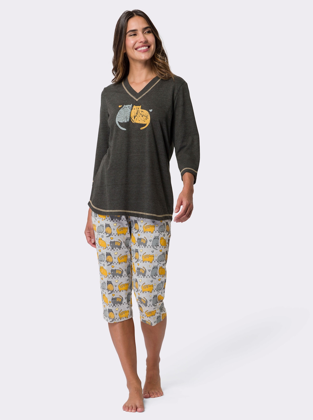 Capri-pyjama - antraciet/lichtgrijs bedrukt