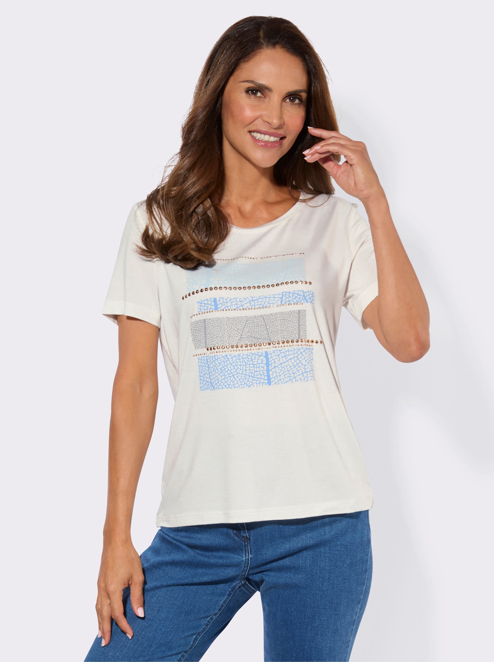 Rundhalsshirt mit platziertem Druck - ecru-himmelblau-bedruckt
