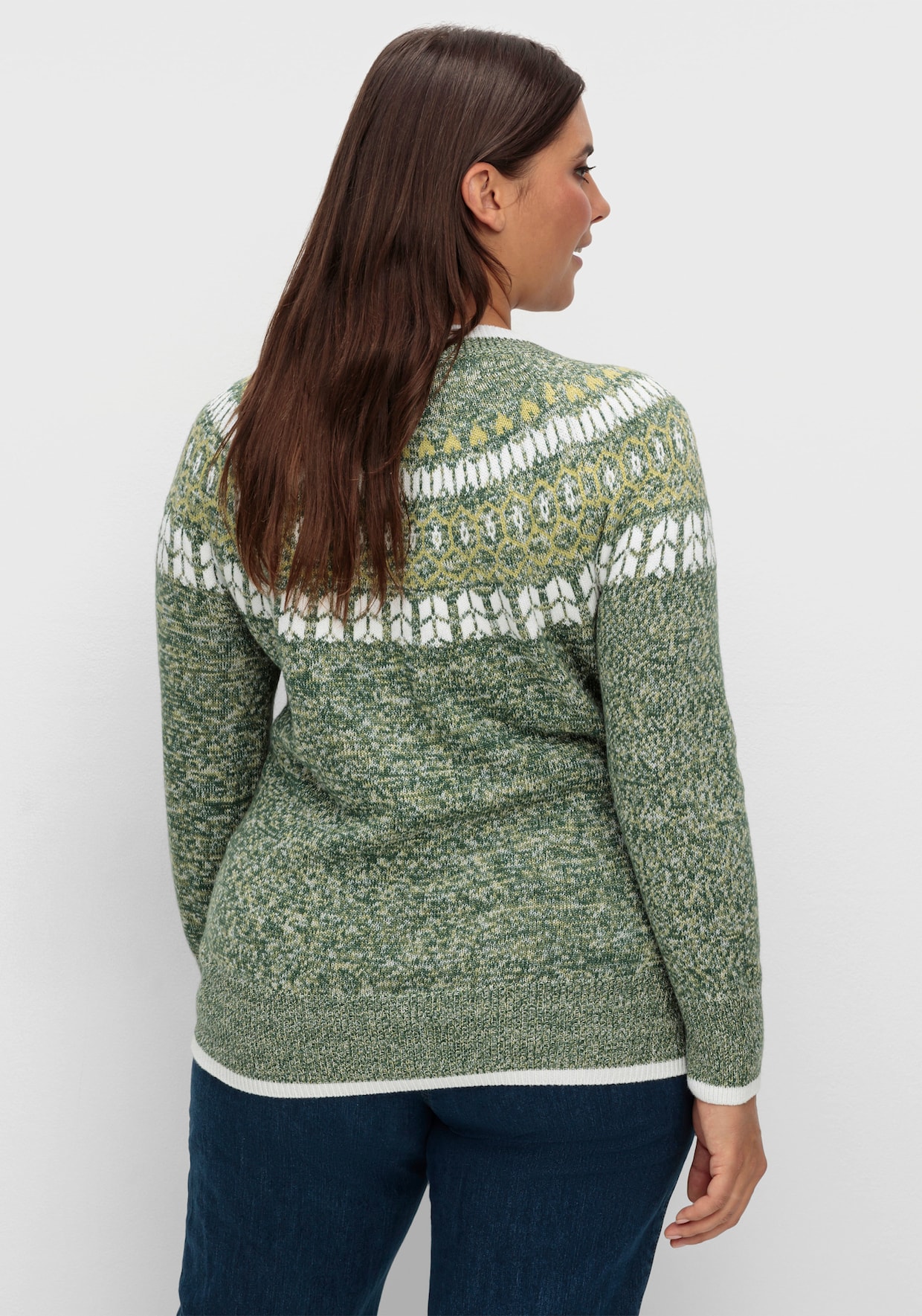 Norwegerpullover mit breiten Rippbündchen - moos-lindgrün-meliert