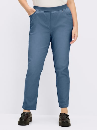 Schlupfjeans mit geripptem Strick-Dehnbund - blue-bleached