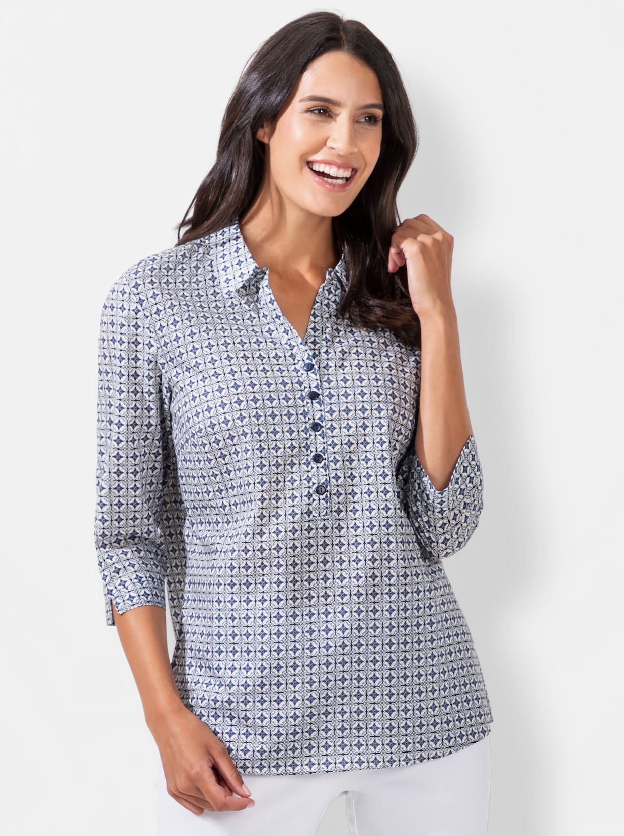 Comfortabele blouse - marine/wit geprint