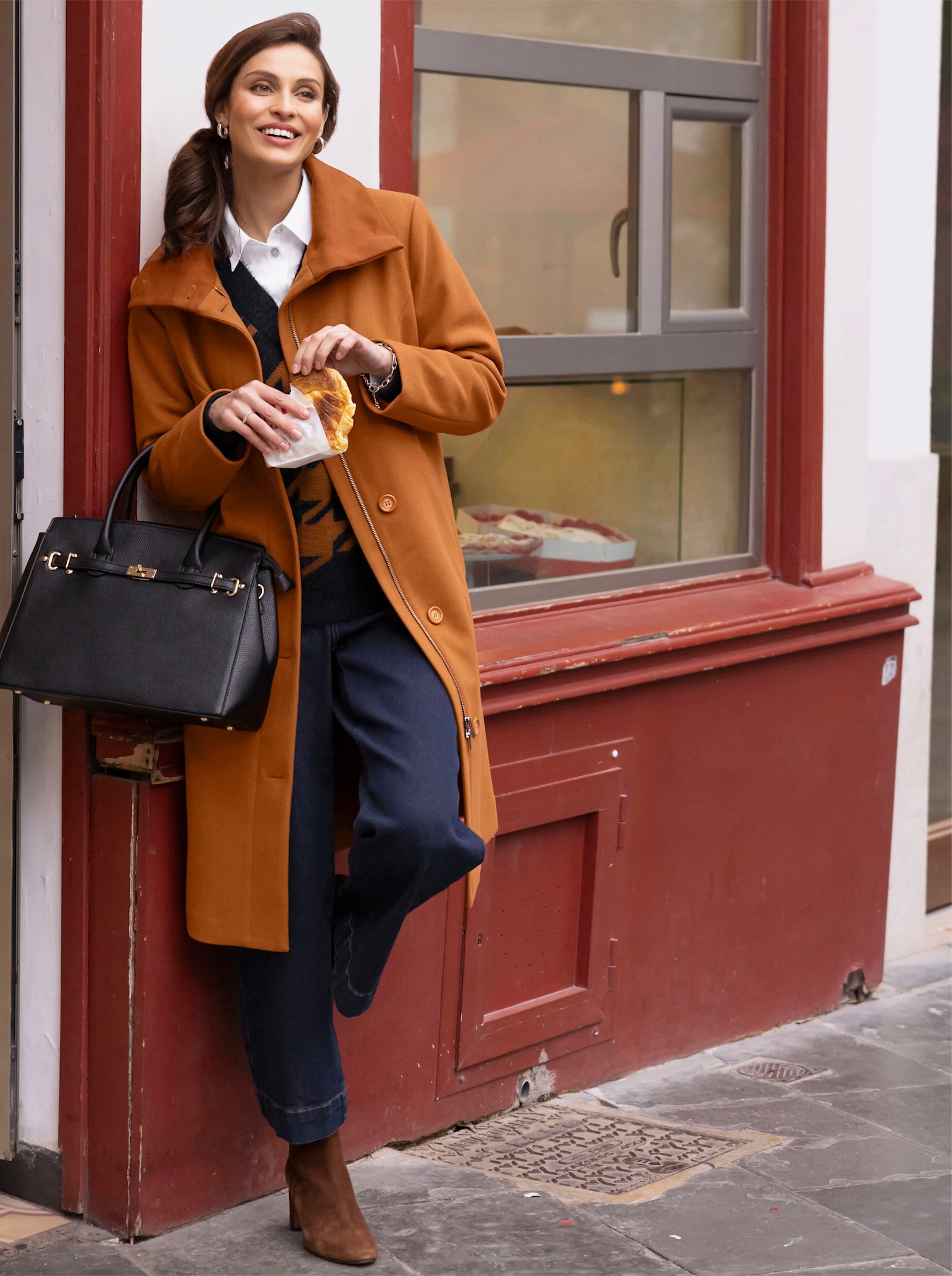 Korte mantel in A-lijn - cognac