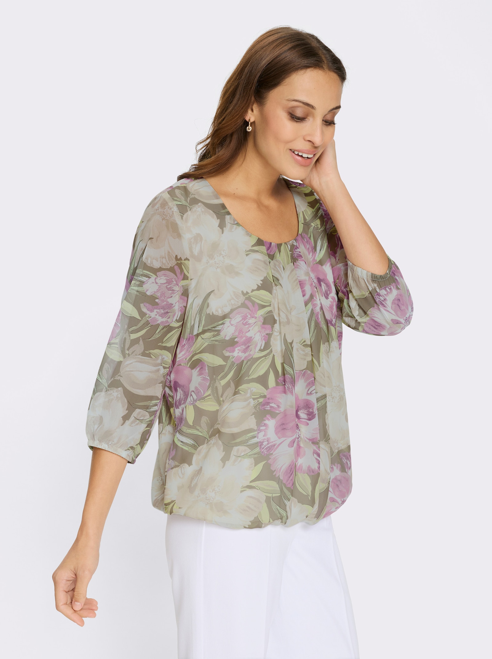 Žoržetová halenka s rukávy a dolním lemem staženými do gumičky - pistáciová-orchideová-potisk