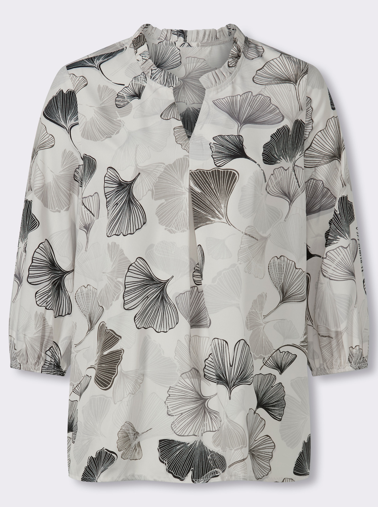 Schlupfbluse mit Ginkgo-Muster, pflegeleicht - hellgrau-schwarz-bedruckt