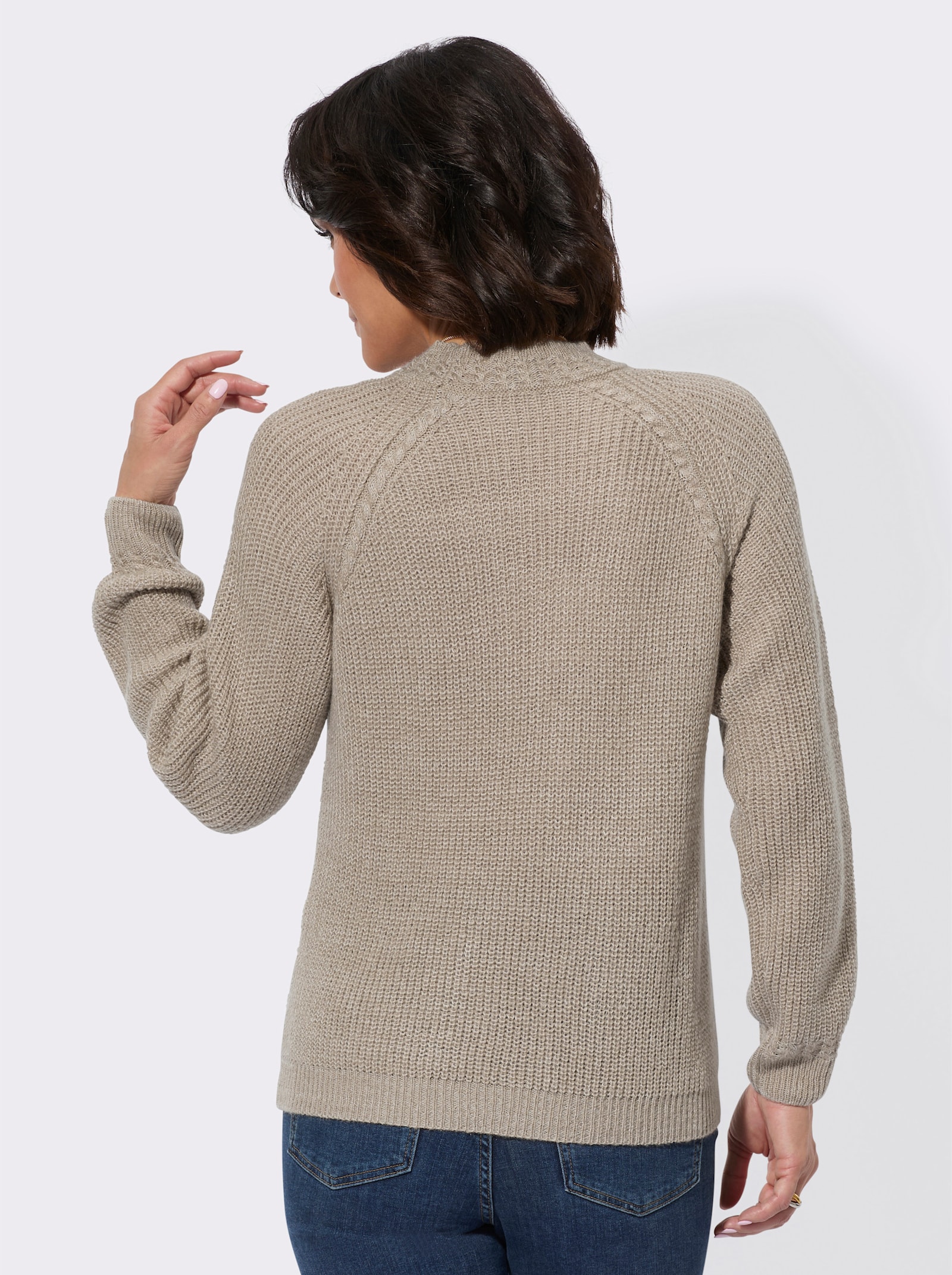 Stehkragenpullover mit Zopfstrick-Muster - sesam-meliert