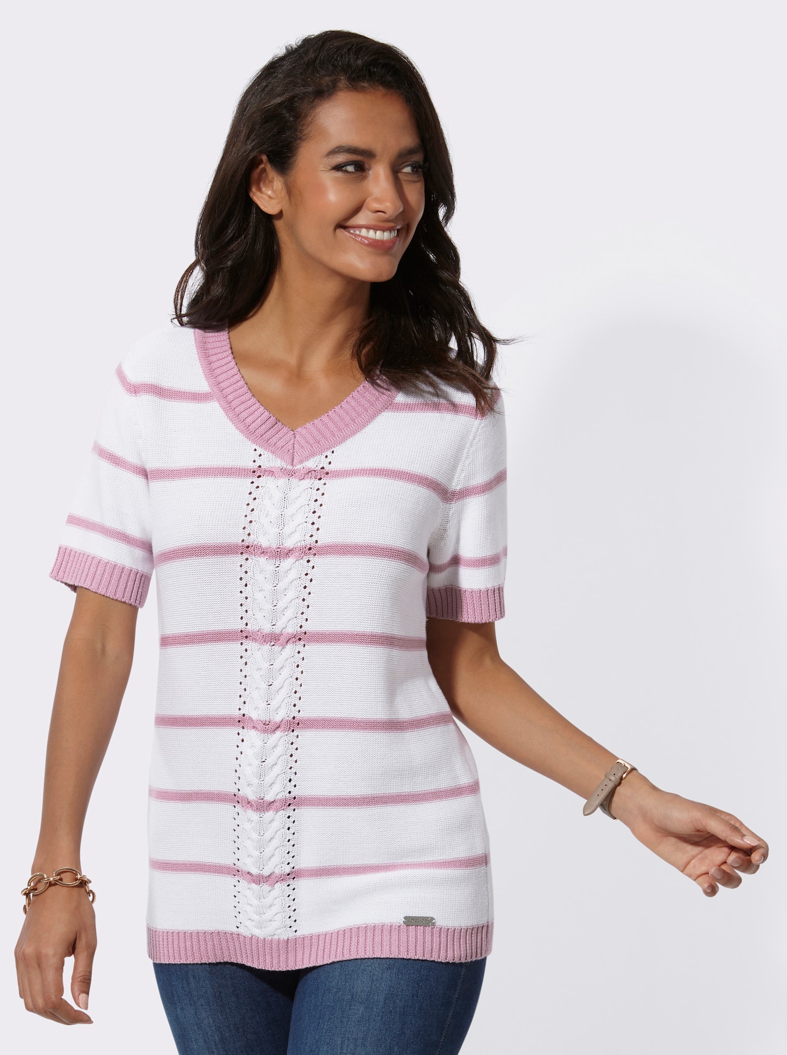 Kurzarmpullover in Linksstrick-Optik - rosé