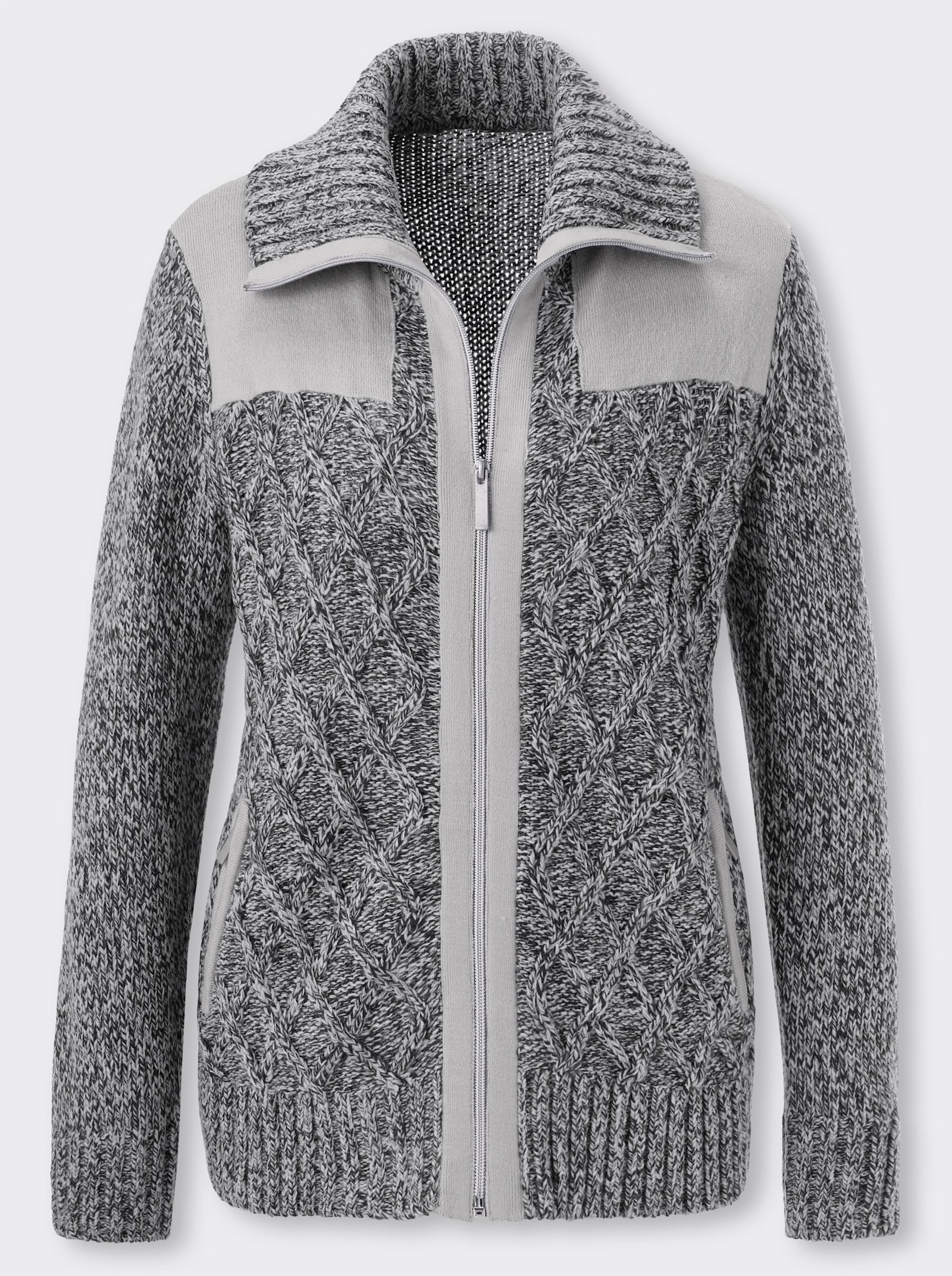 Strickjacke mit kontrastfarbigen Einsätzen - hellgrau-ecru-meliert