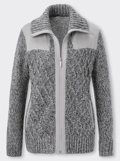 Strickjacke mit kontrastfarbigen Einsätzen - hellgrau-ecru-meliert