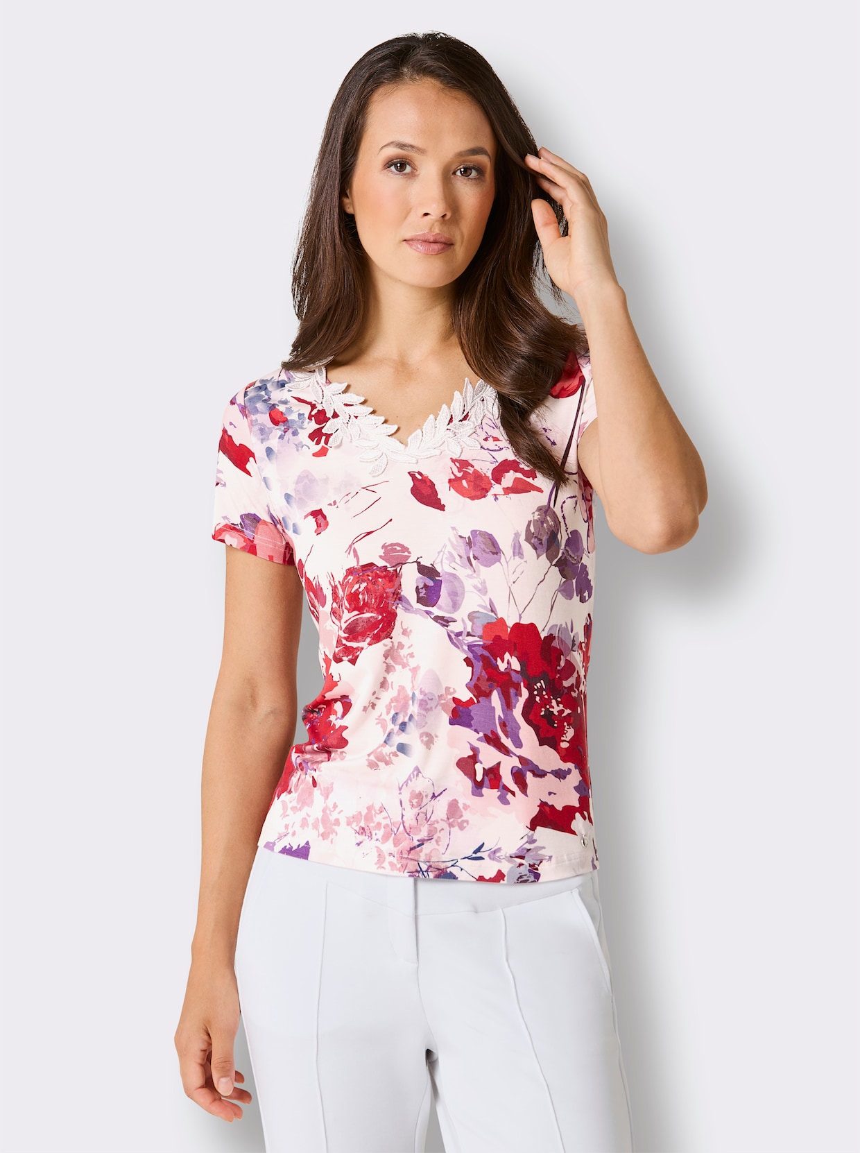 CREATION L PREMIUM V-Shirt mit Spitzenband am Ausschnitt - weiß-erdbeere-bedruckt