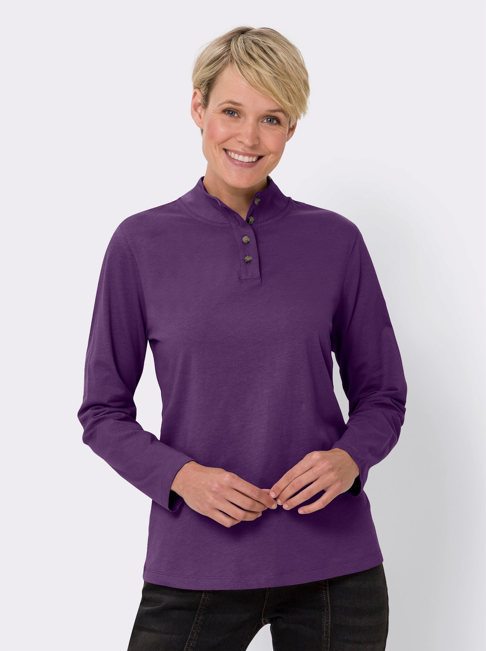 Tričko so stojačikom a ozdobným gombíkom - slivková