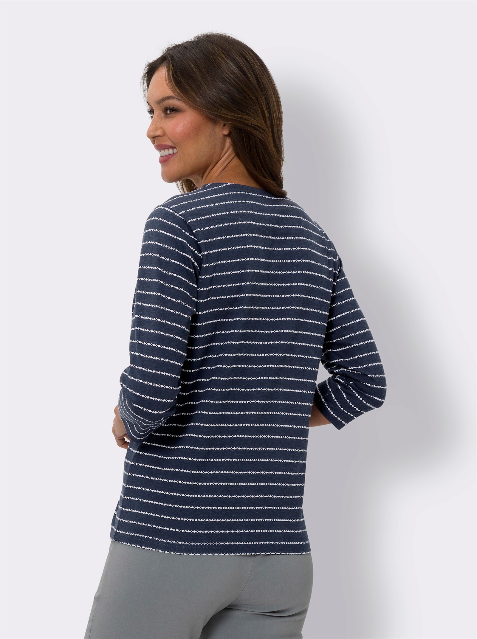 Tričko s kulatým výstřihem s decentním proužkovaným vzorem - námořnická-ecru-potisk