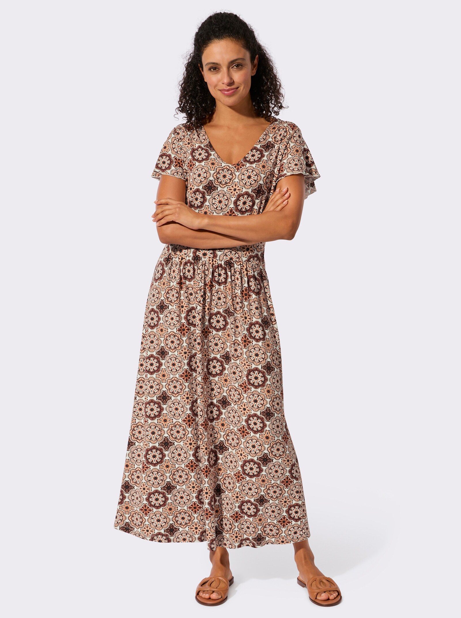 Jerseykleid mit Smokeinsatz im Rücken - papaya-ecru-bedruckt