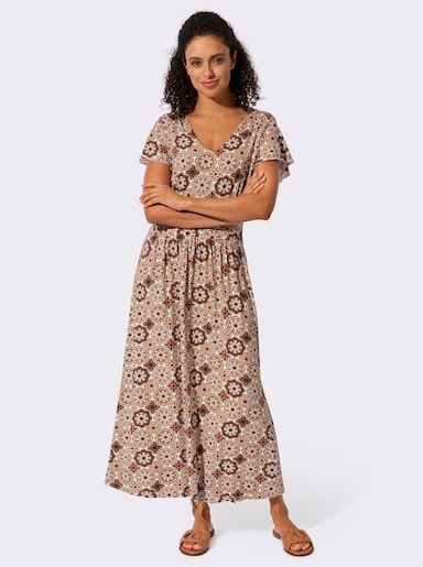 Jerseykleid mit Smokeinsatz im Rücken - papaya-ecru-bedruckt