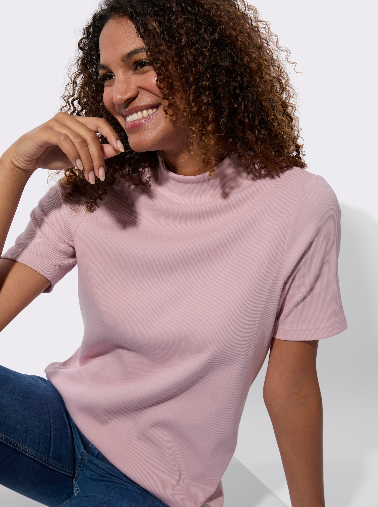 Stehkragenshirt in Baumwoll-Qualität - rosé