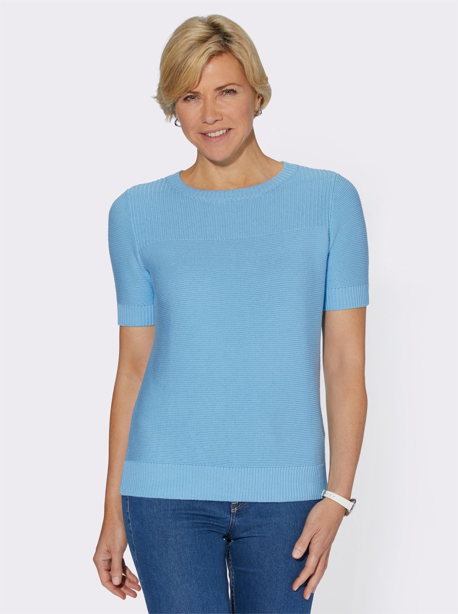 Kurzarmpullover mit Strickmuster - aqua