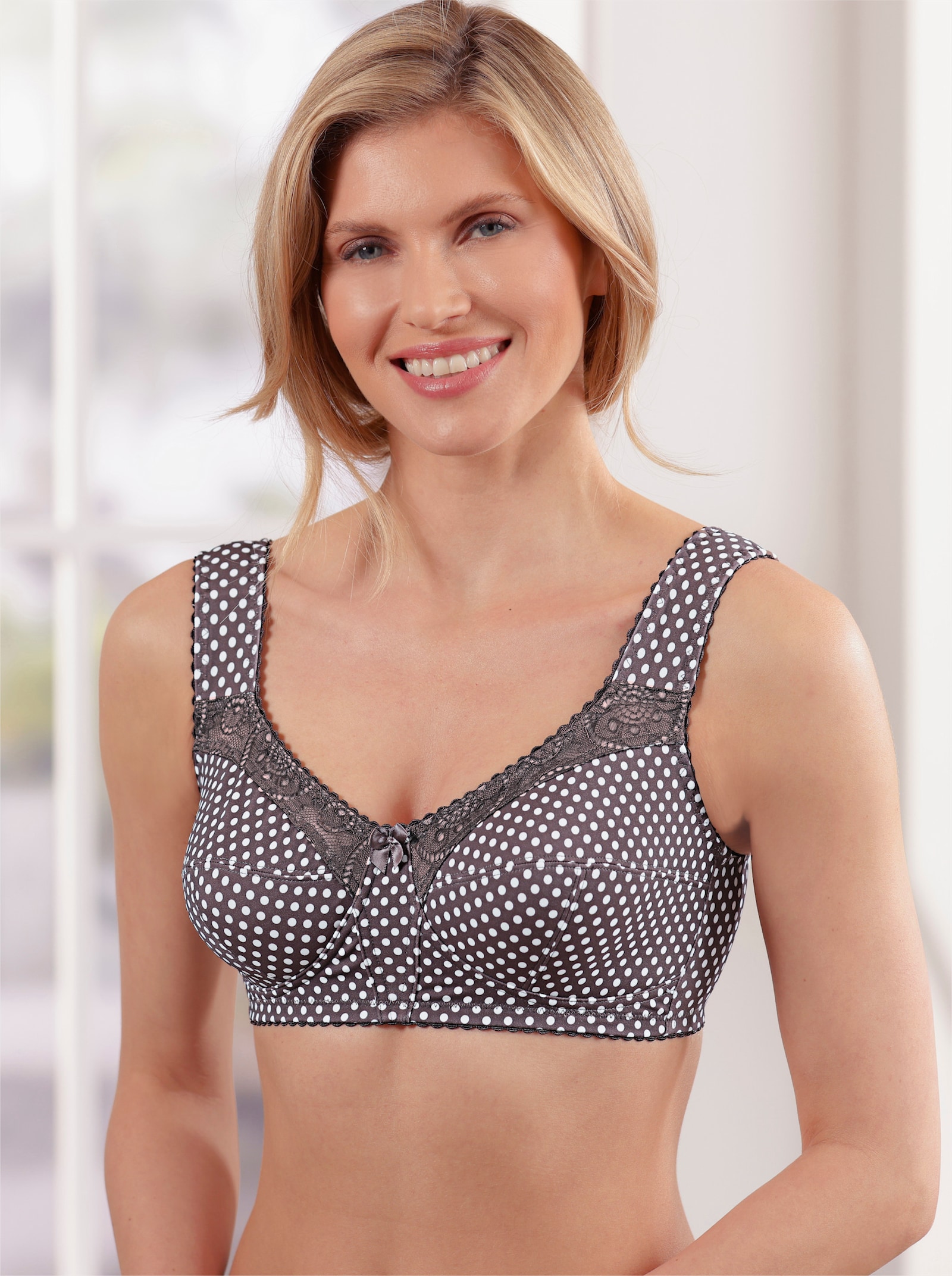 wäschepur Entlastungs-BH ohne Bügel mit elastischer Spitze - petrol-getupft + taupe-getupft