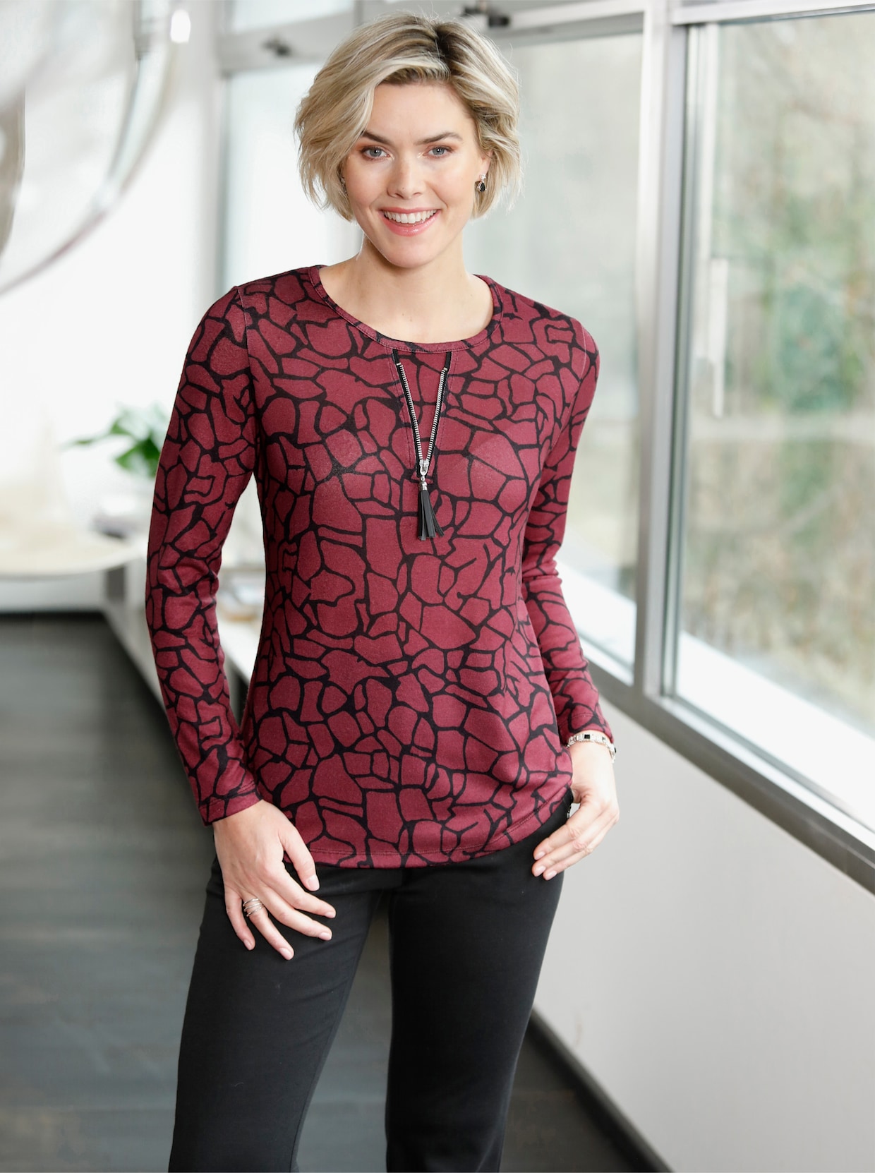 Shirt met lange mouwen - bordeaux/zwart gedessineerd