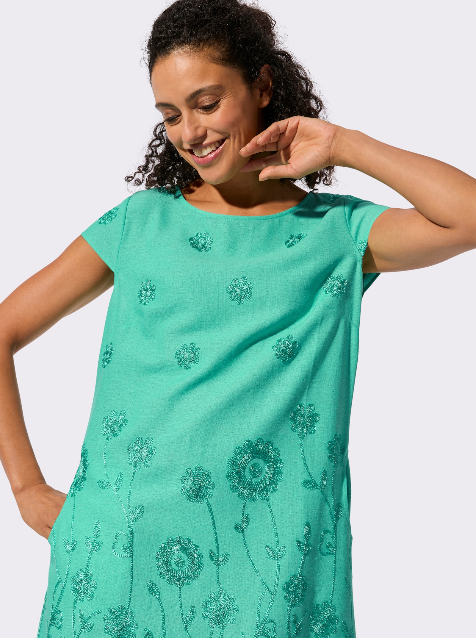 Webkleid in Viskose-Leinen-Mischung - blaugrün