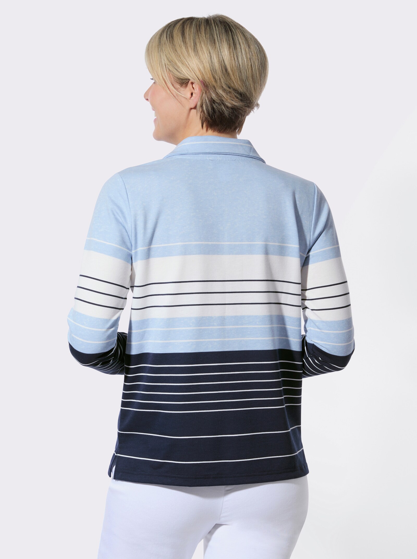 Langarmshirt mit Troyerkragen - eisblau-ecru-geringelt
