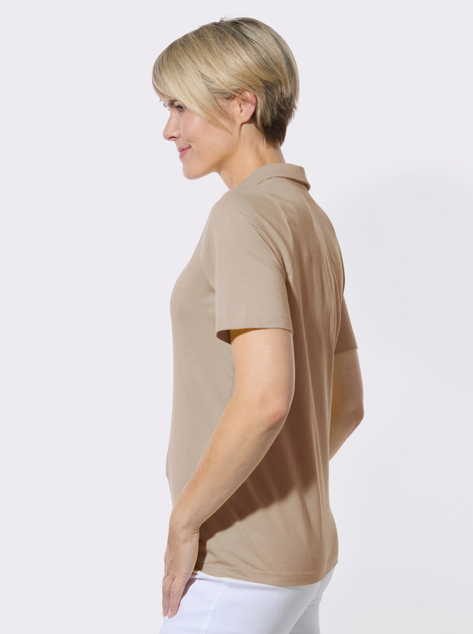 Poloshirt mit Rüschen und Nietenbesatz - sesam