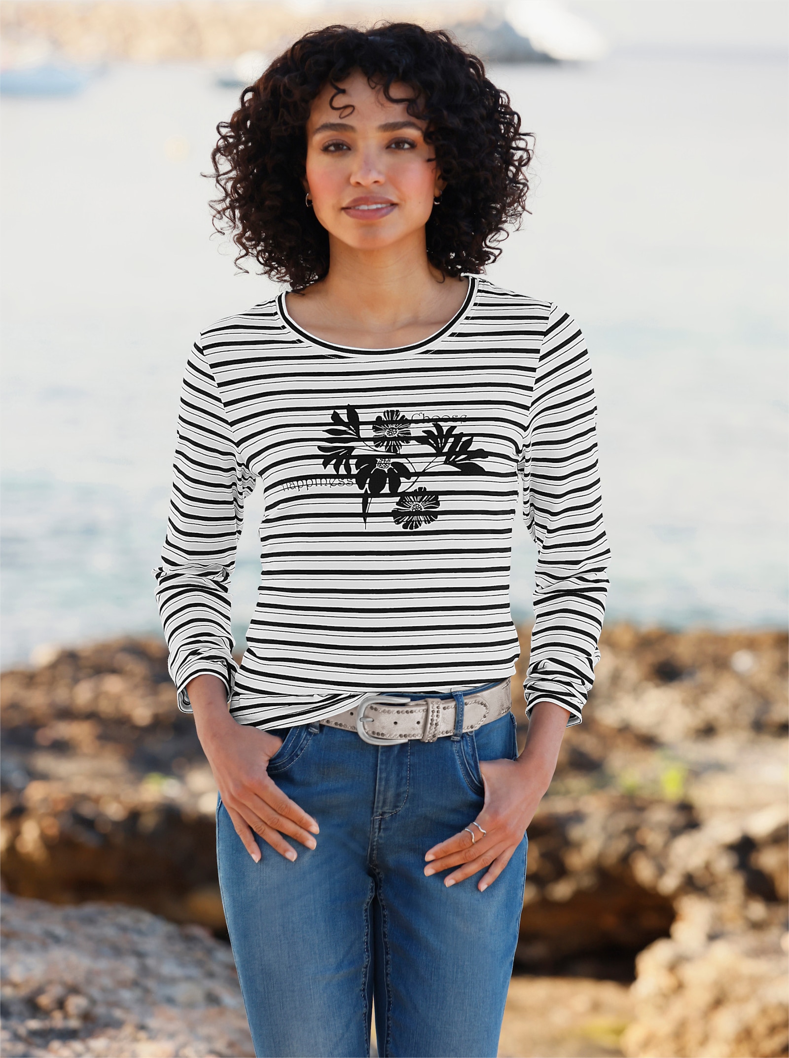 heine Langarmshirt mit Ringel- und Blüten-Print - schwarz-ecru-geringelt