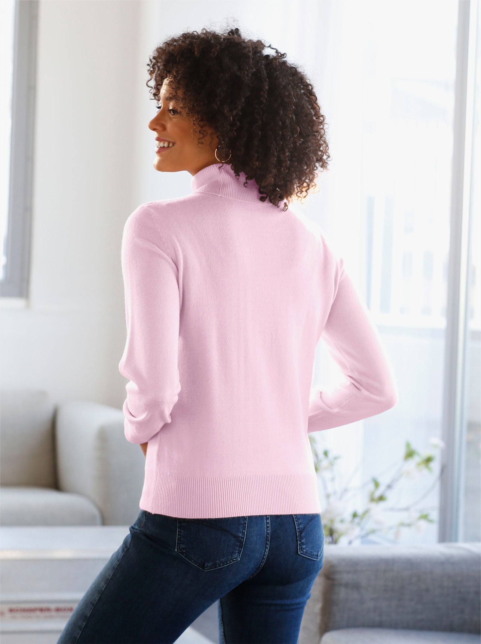 Rollkragenpullover mit Ripp-Bündchen - rosé