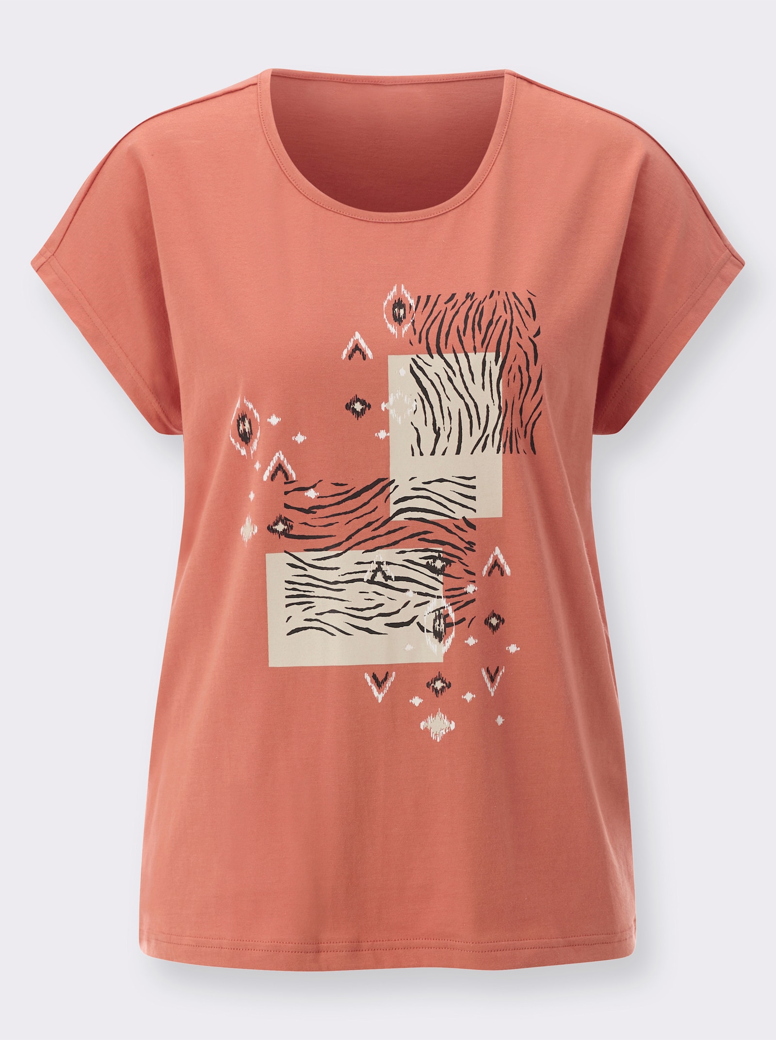 Rundhalsshirt im Ethno-Stil - papaya-schwarz-bedruckt