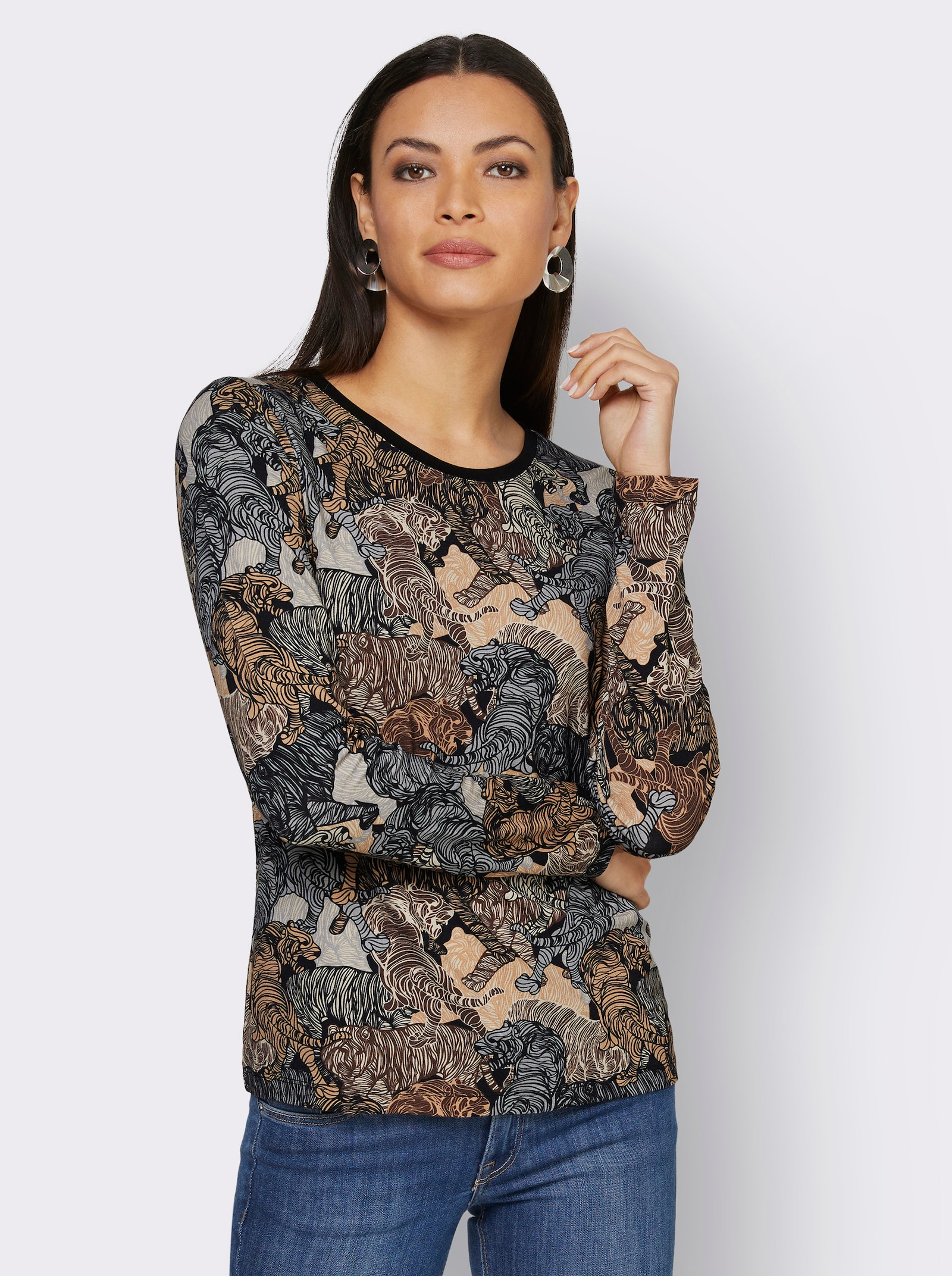 Shirt met lange mouwen en contrastkleurige paspel - zwart/zand geprint