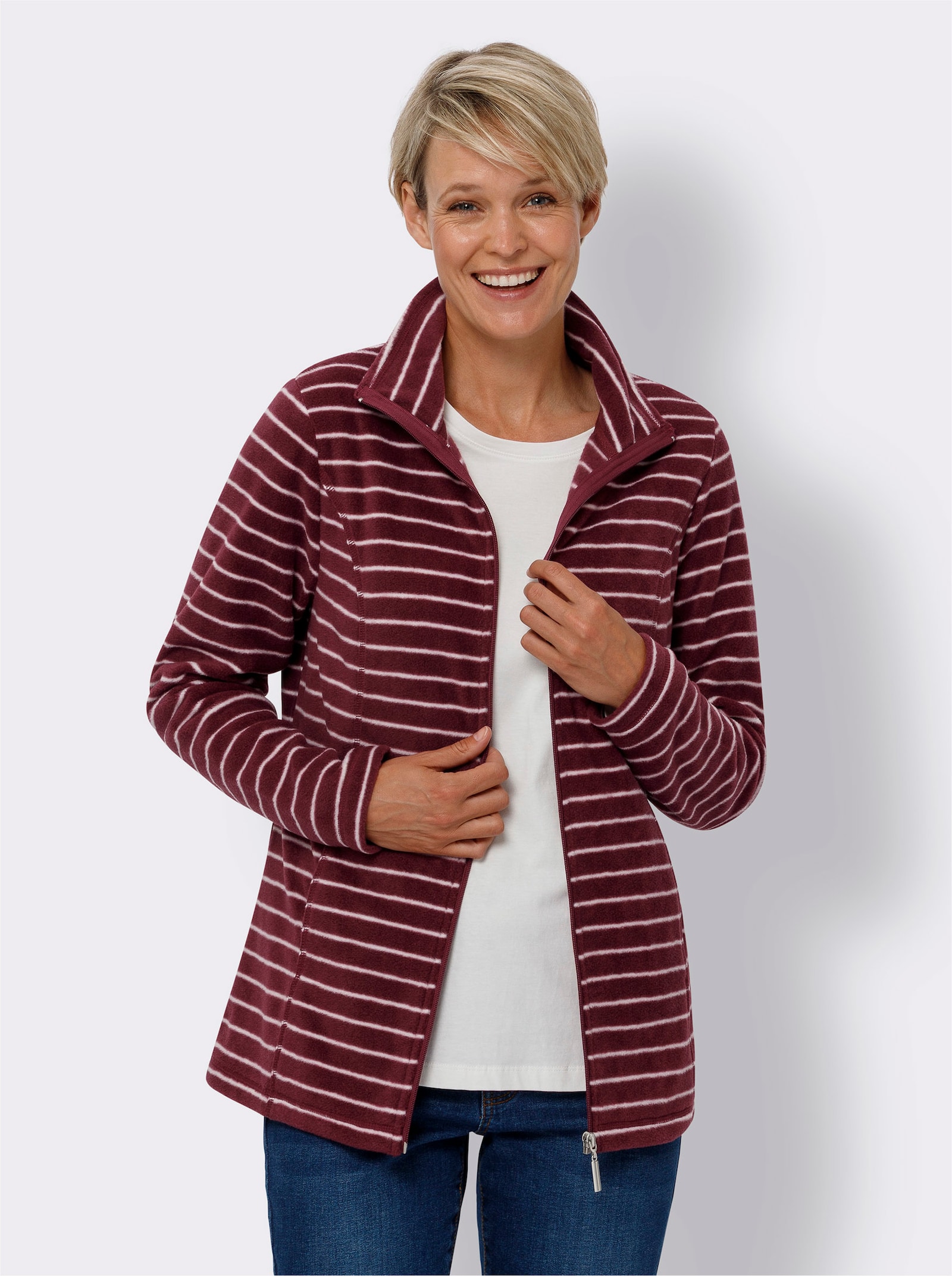 Fleecová bunda na jaro a podzim - bordó-ecru-proužek