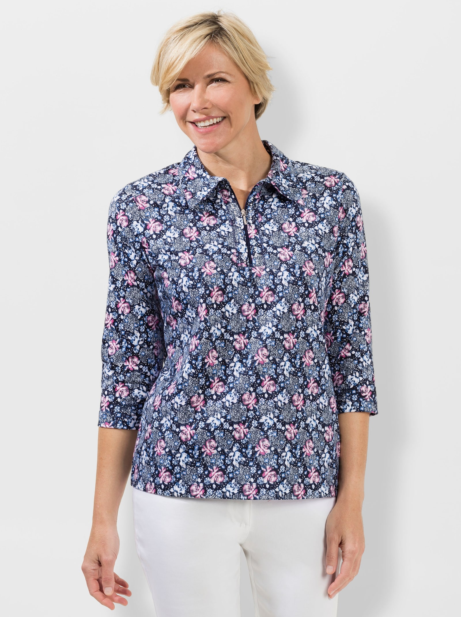 Poloshirt mit Glitzersteinchen - marine-altrosa-bedruckt