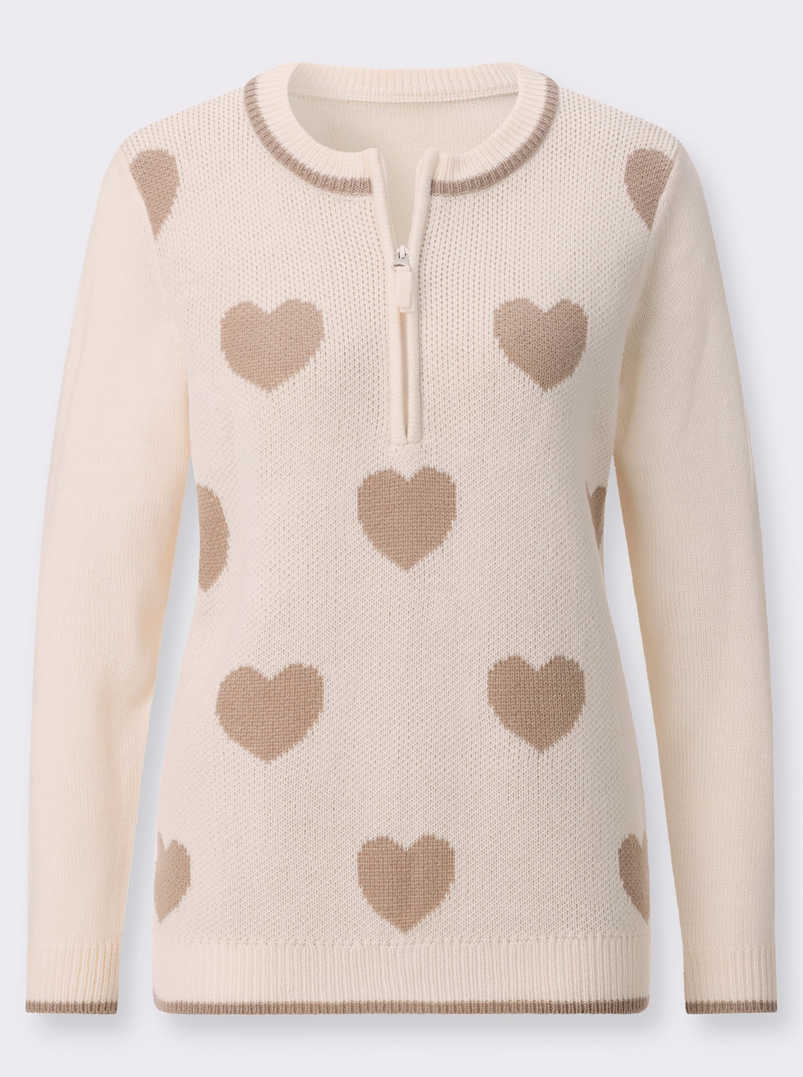 Langarm-Pullover mit Herz-Muster - champagner-sesam-gemustert