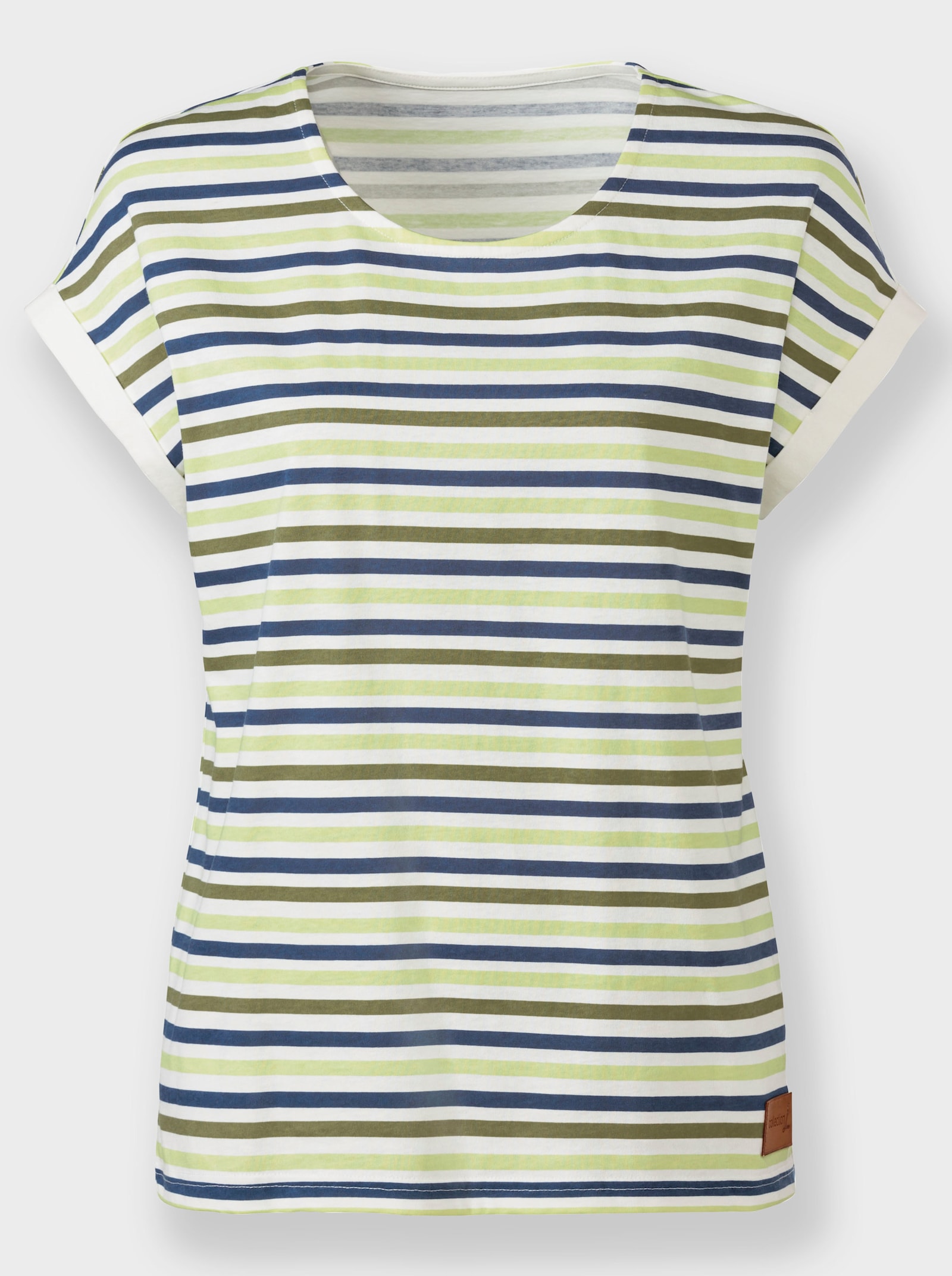 Streepjesshirt met afgeronde zoom voor - ecru/kaki geprint