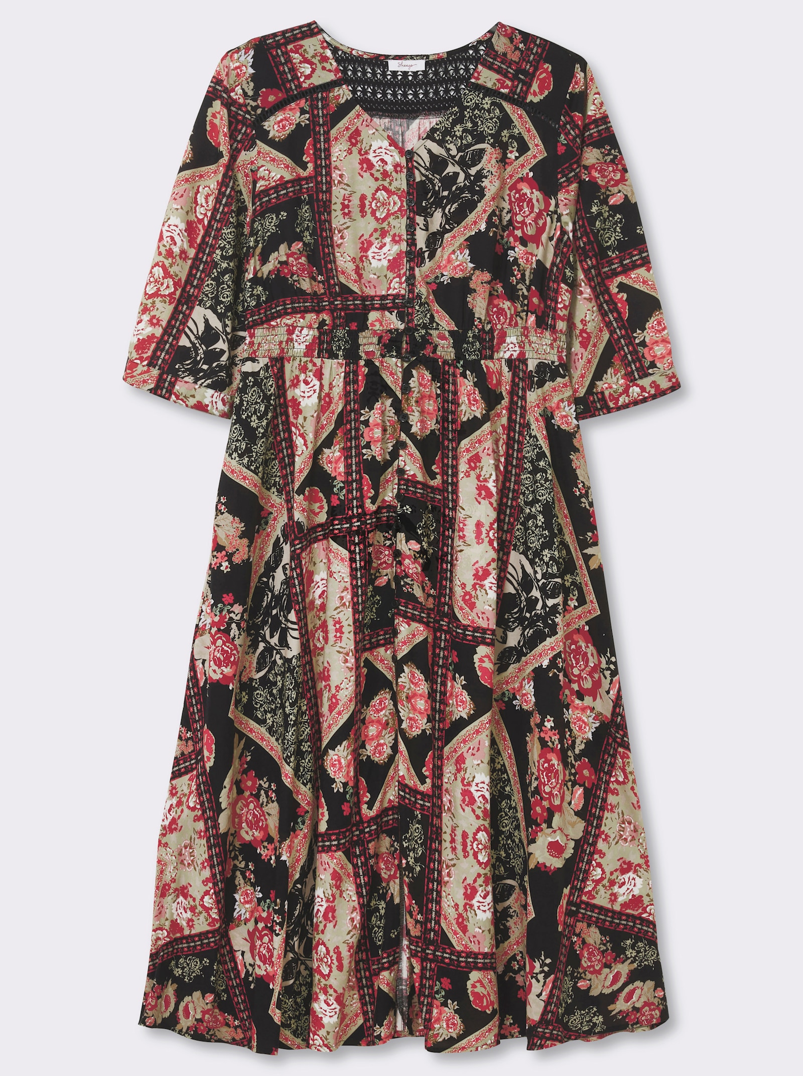 sheego by Joe Browns A-Linien-Kleid mit Muster im Patchwork-Stil - schwarz-kirsche-gemustert