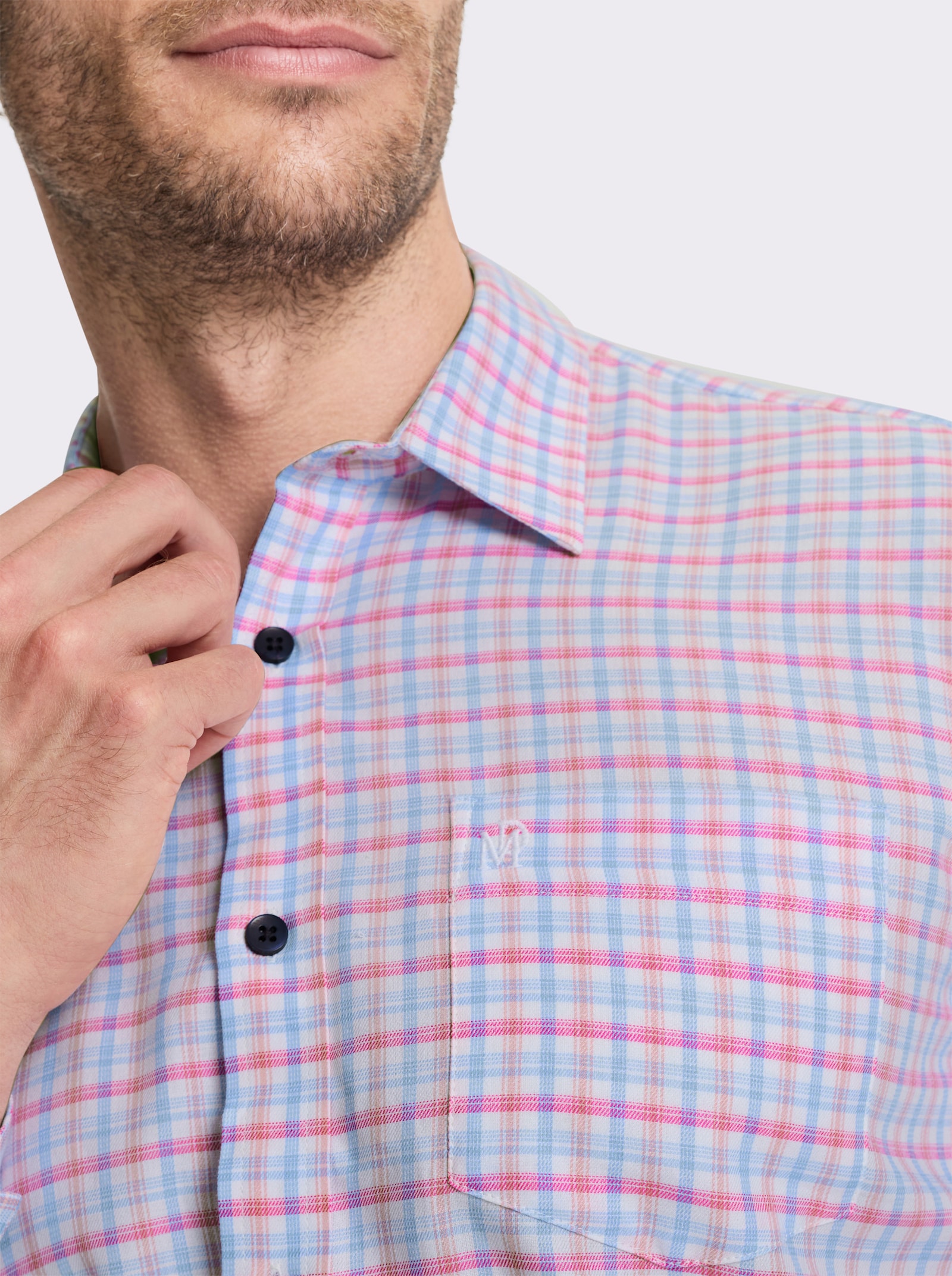 Marco Donati Langarmhemd in bügelfreier Popeline-Qualität - himmelblau-fuchsia-kariert
