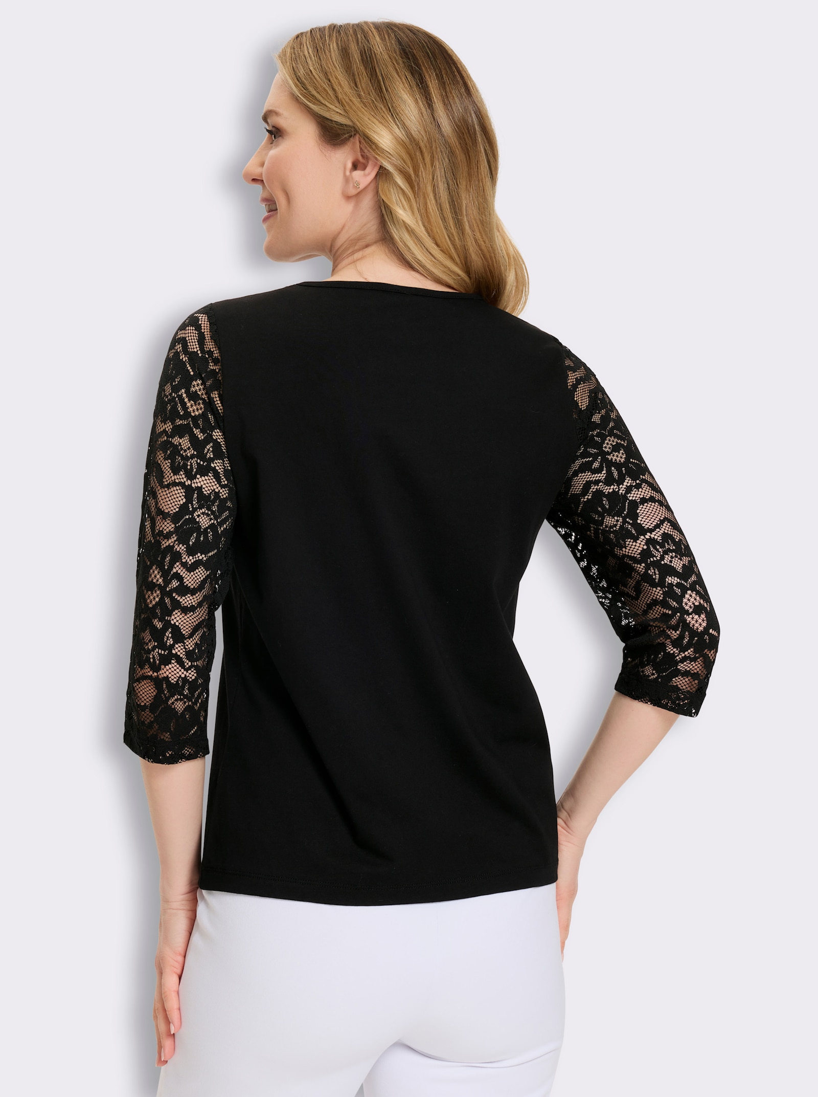 3/4-Arm-Shirt mit Spitze - schwarz
