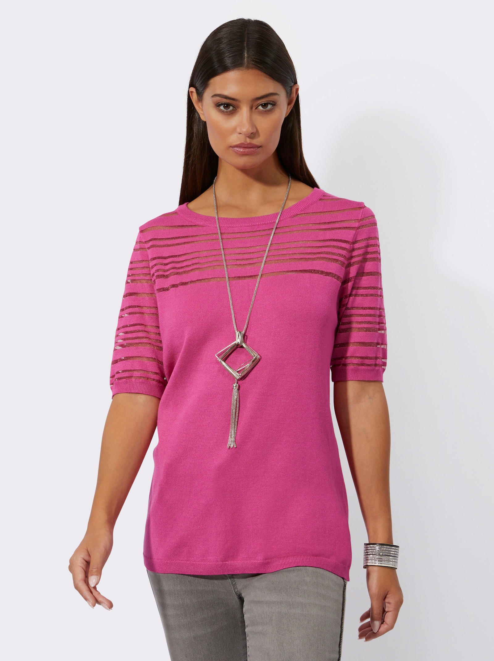 Kurzarmpullover in luftiger Lyocell-Mix-Qualität - fuchsia