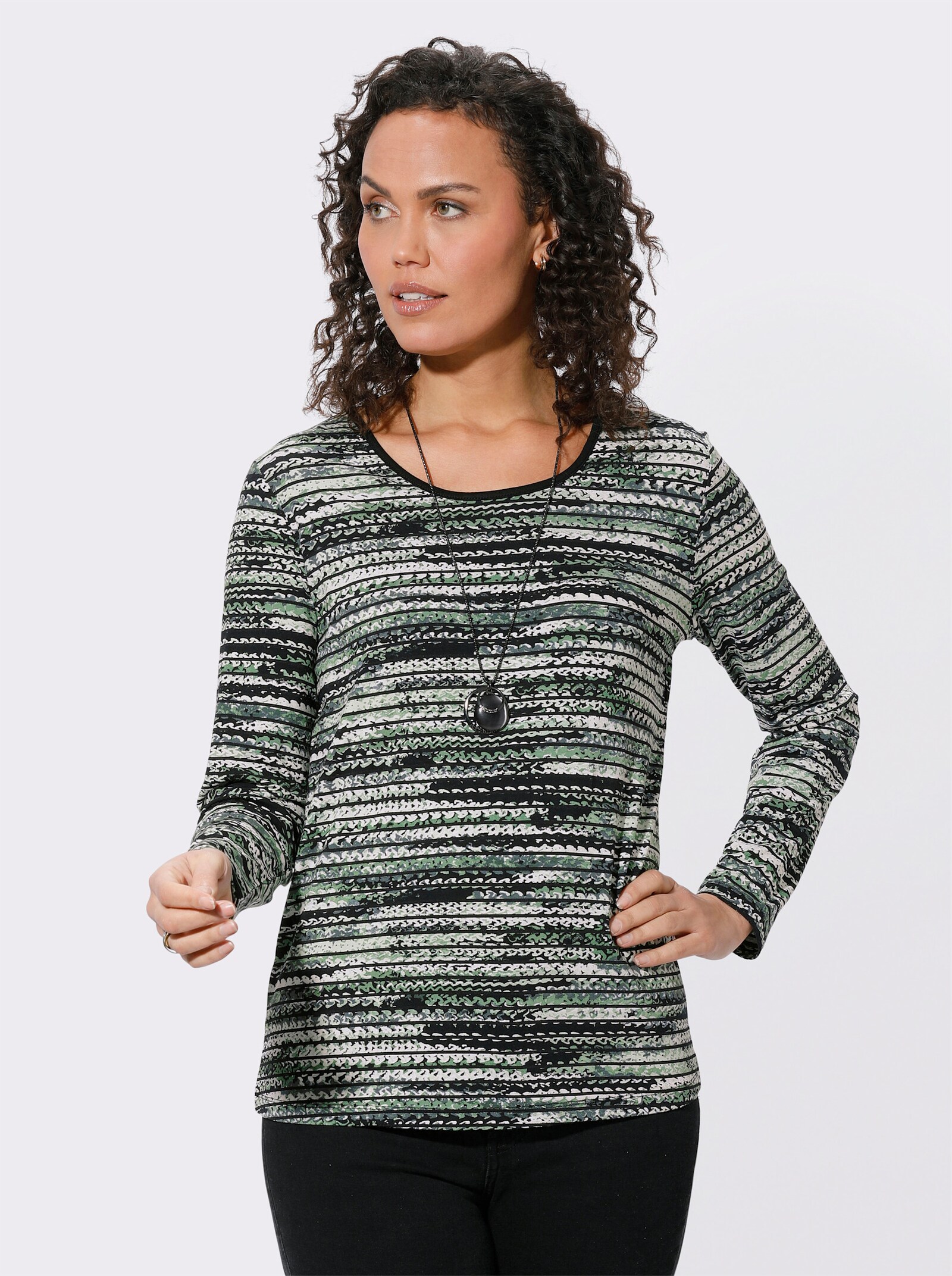Langarmshirt mit Ringel-Muster - eucalyptus-schwarz-bedruckt