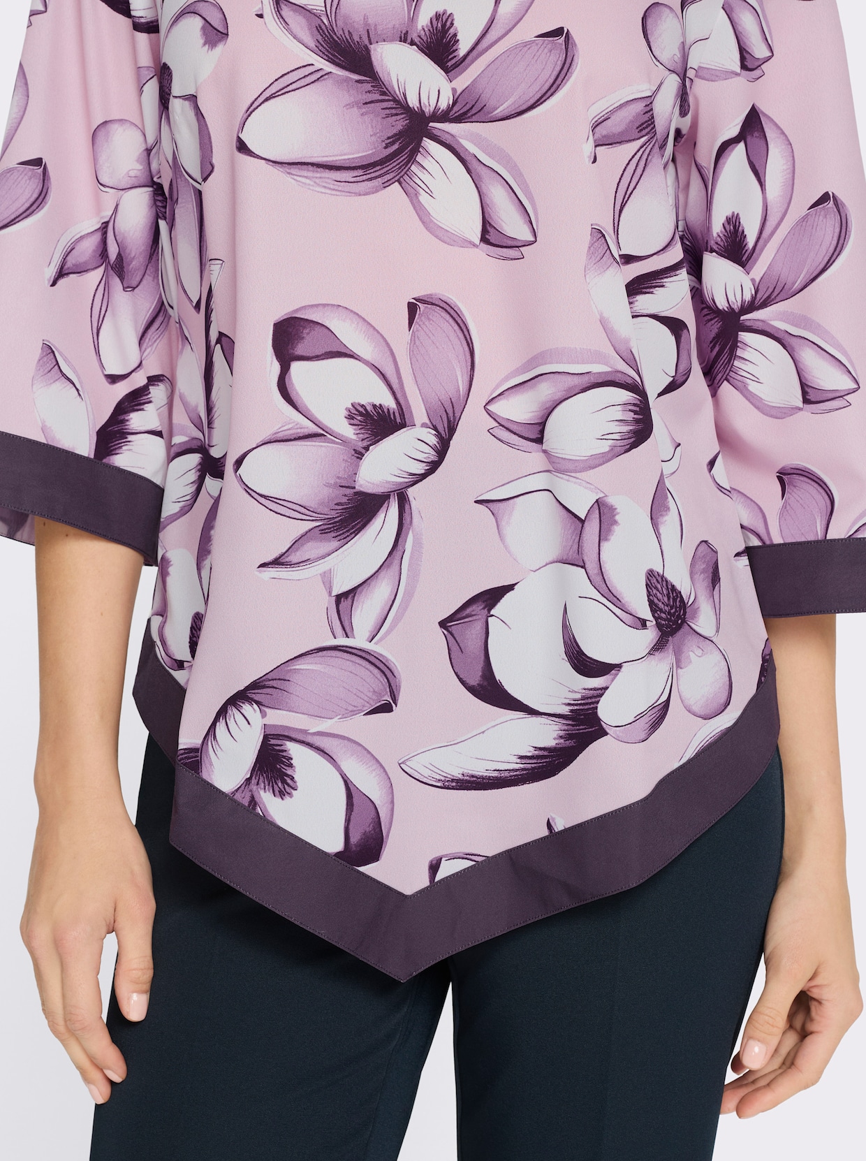 Schlupfbluse mit Trompetenärmeln - rosé-aubergine-bedruckt