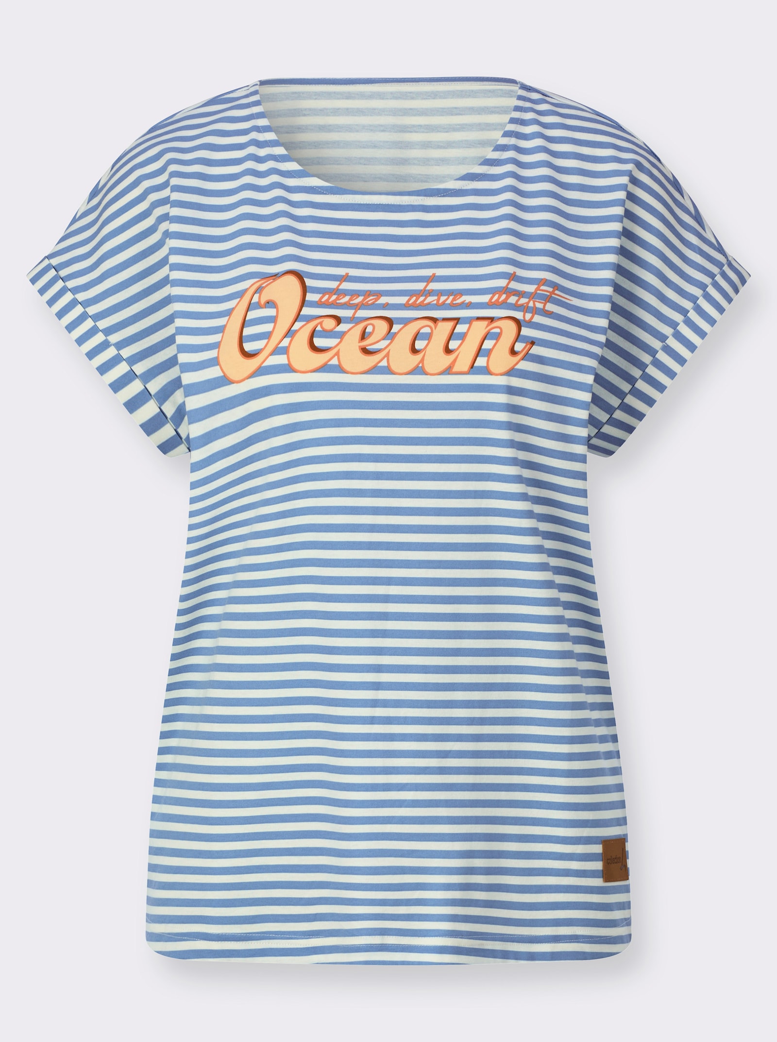 Ringelshirt mit Frontdruck - mittelblau-ecru-geringelt