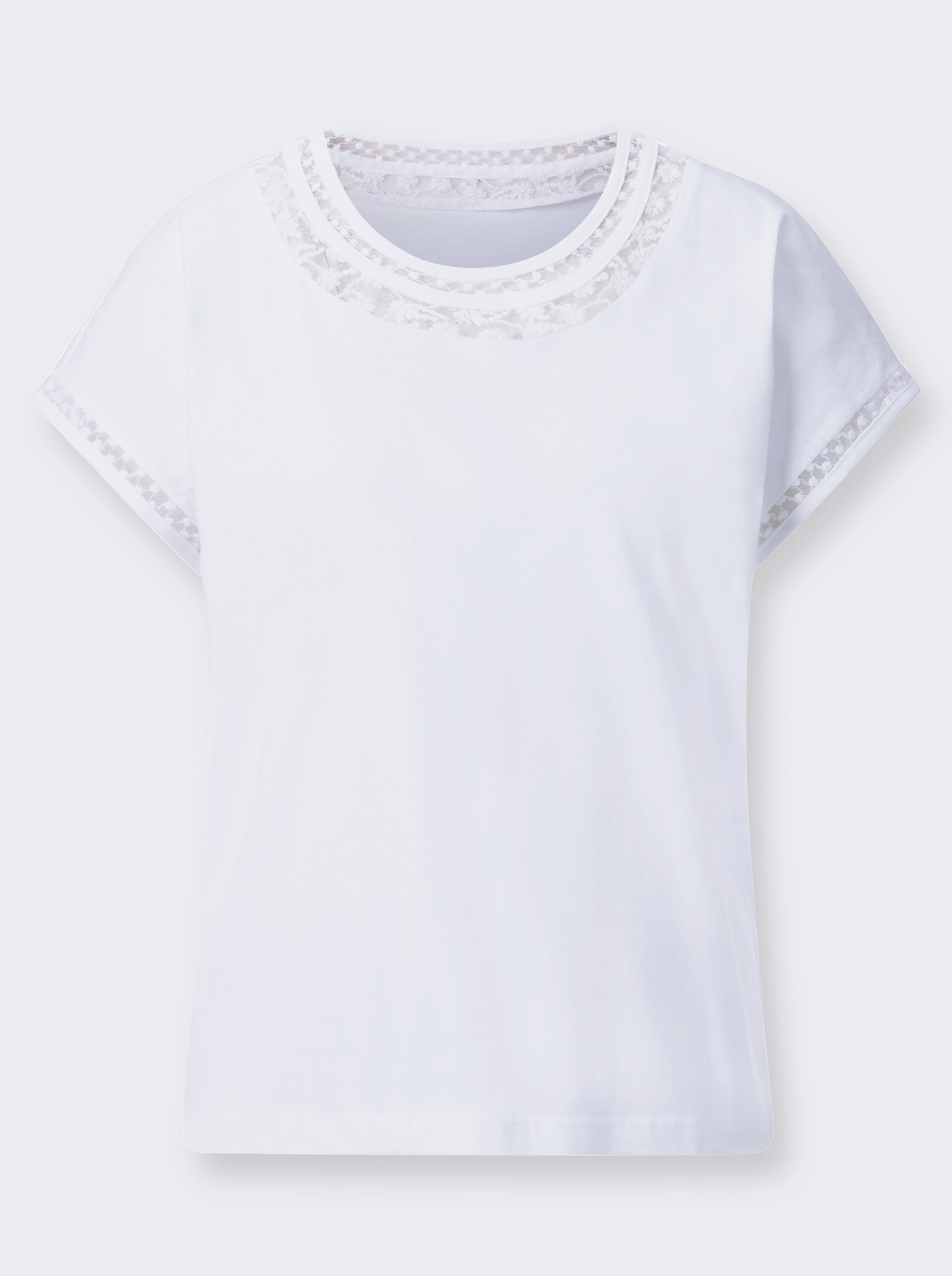 Rundhalsshirt mit Spitzen-Details - weiß