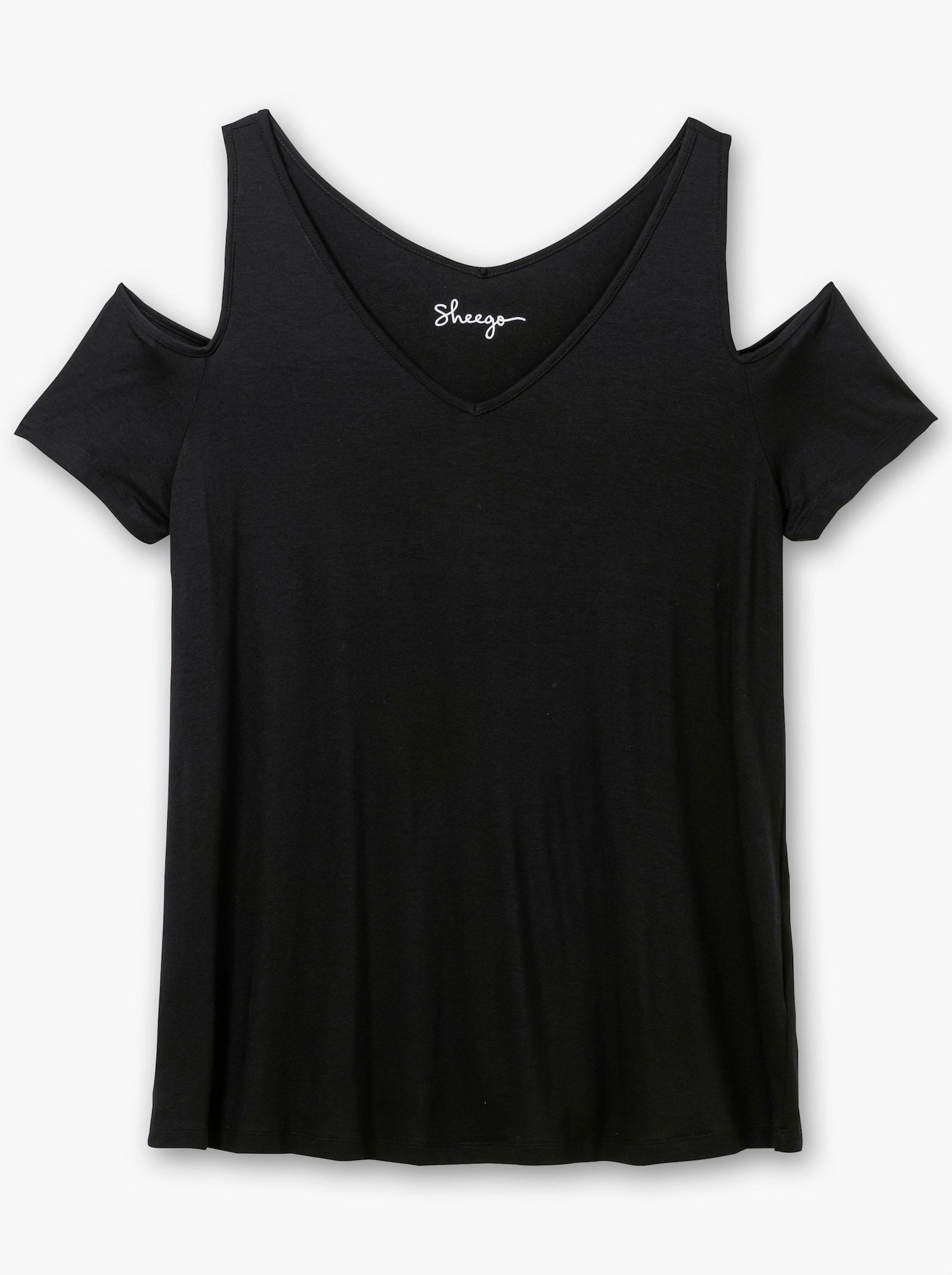 sheego V-Shirt im Off-Shoulder-Look - schwarz