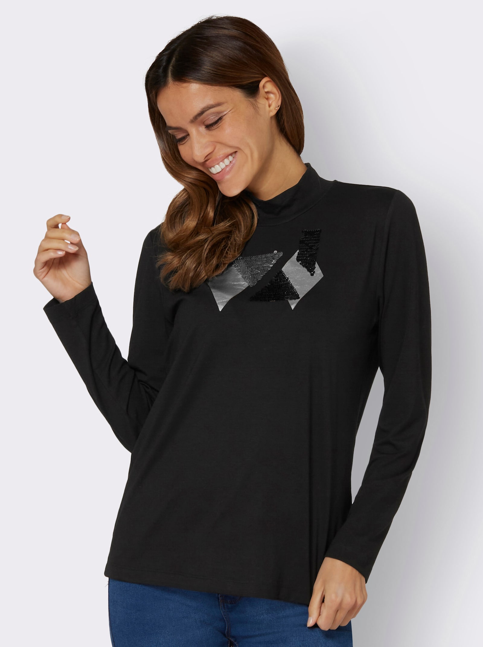 Rollkragenshirt mit Pailletten - schwarz