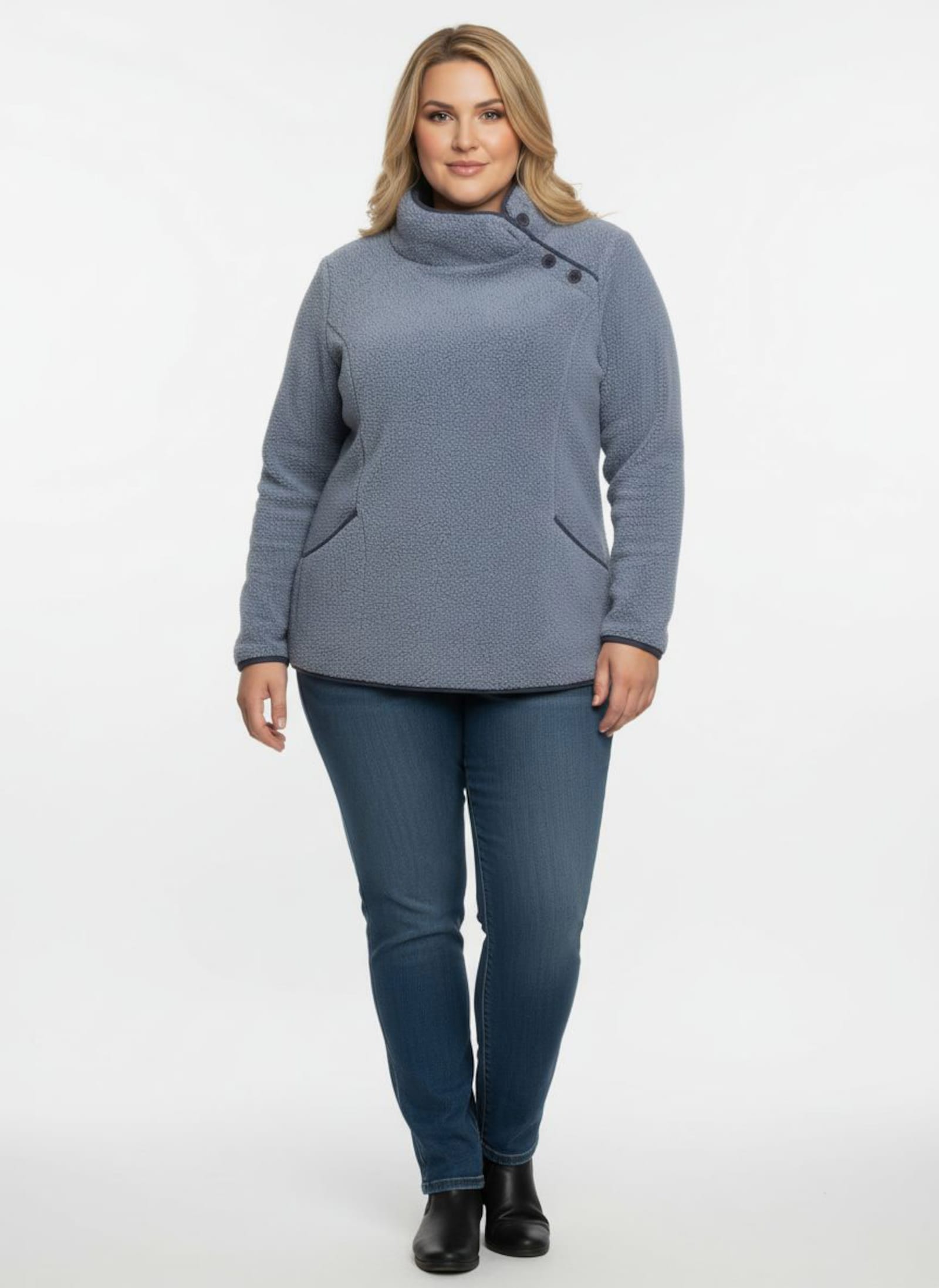 Fleeceshirt mit Kontrastpaspeln - taubenblau