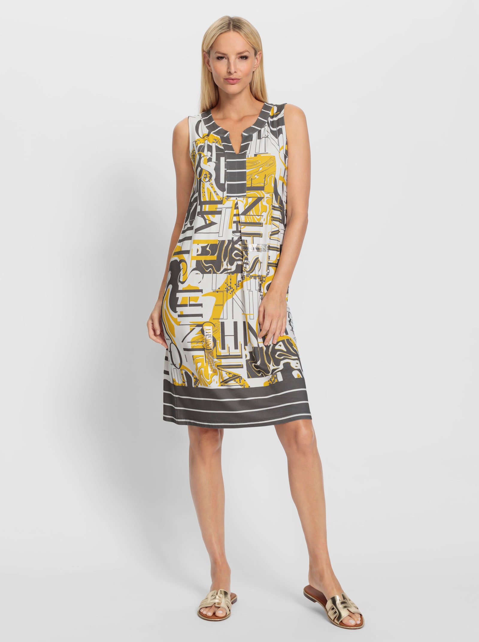 heine Jerseykleid mit Muster-Mix - sonnengelb-schwarz-bedruckt