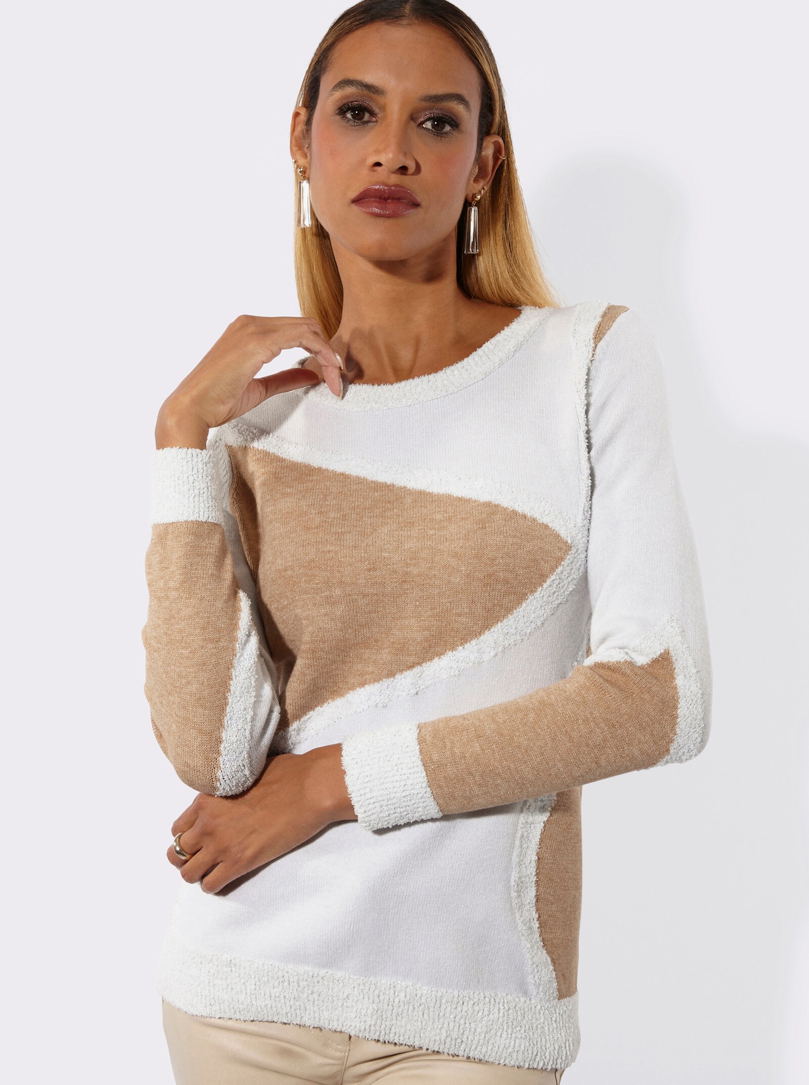 Langarm-Pullover - ecru-camel-meliert