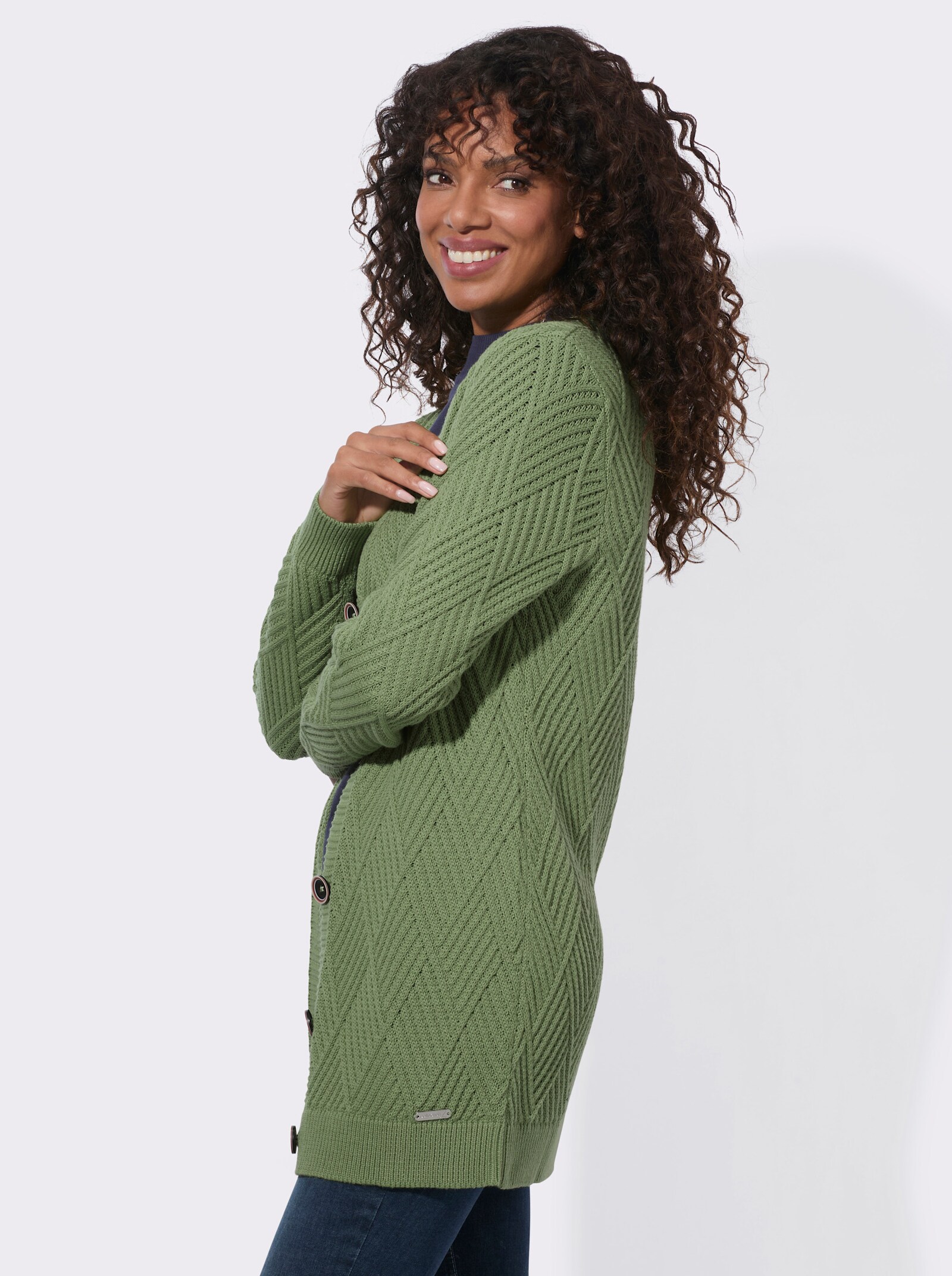 Longstrickjacke mit Knöpfen in Hornoptik - eucalyptus