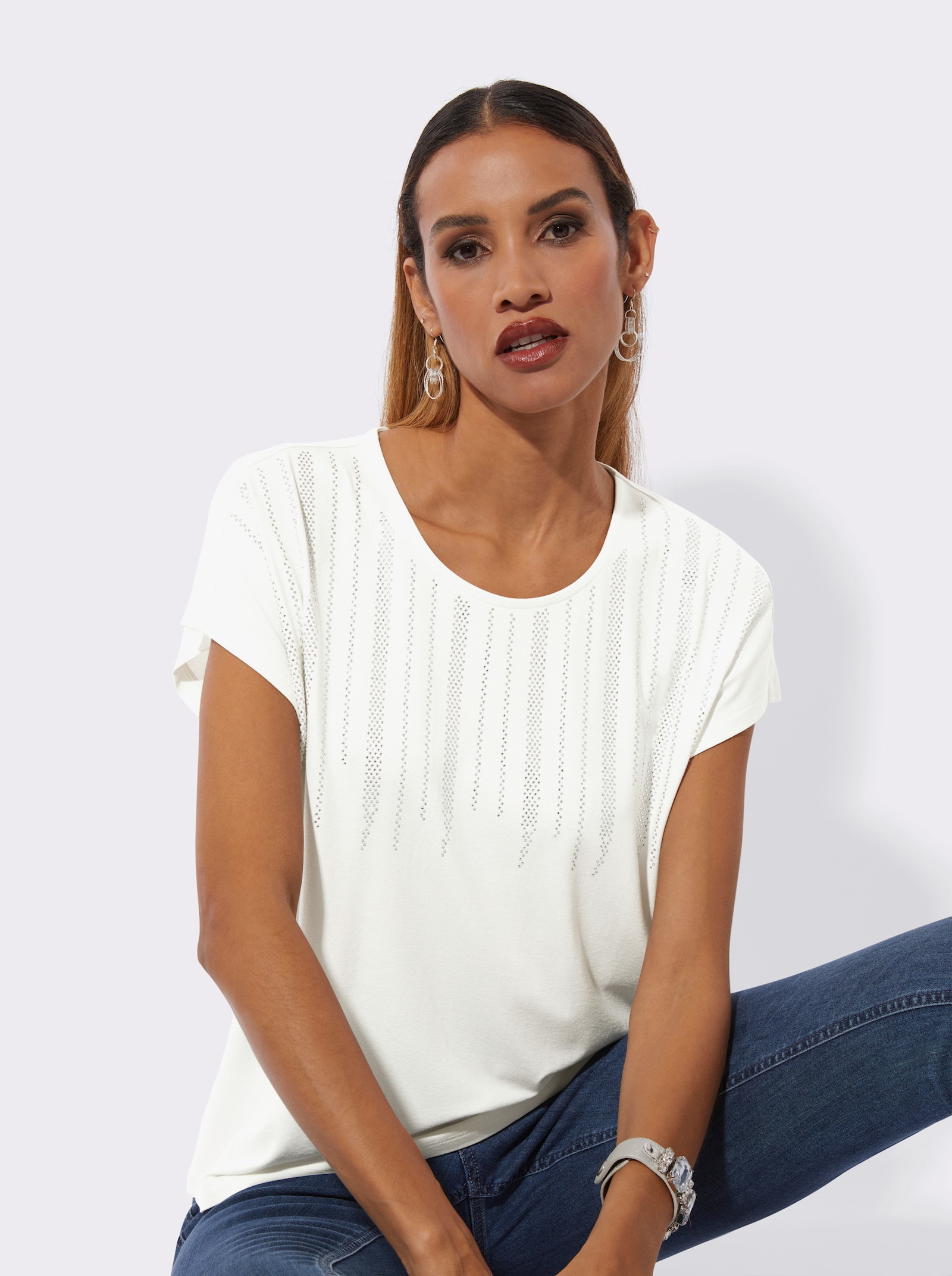 Kurzarmshirt mit Ziersteinchen - ecru